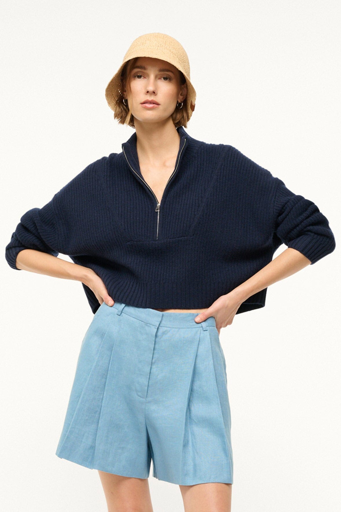 Cashmere Cropped Sweater with Half-Zip | Hampton Navy