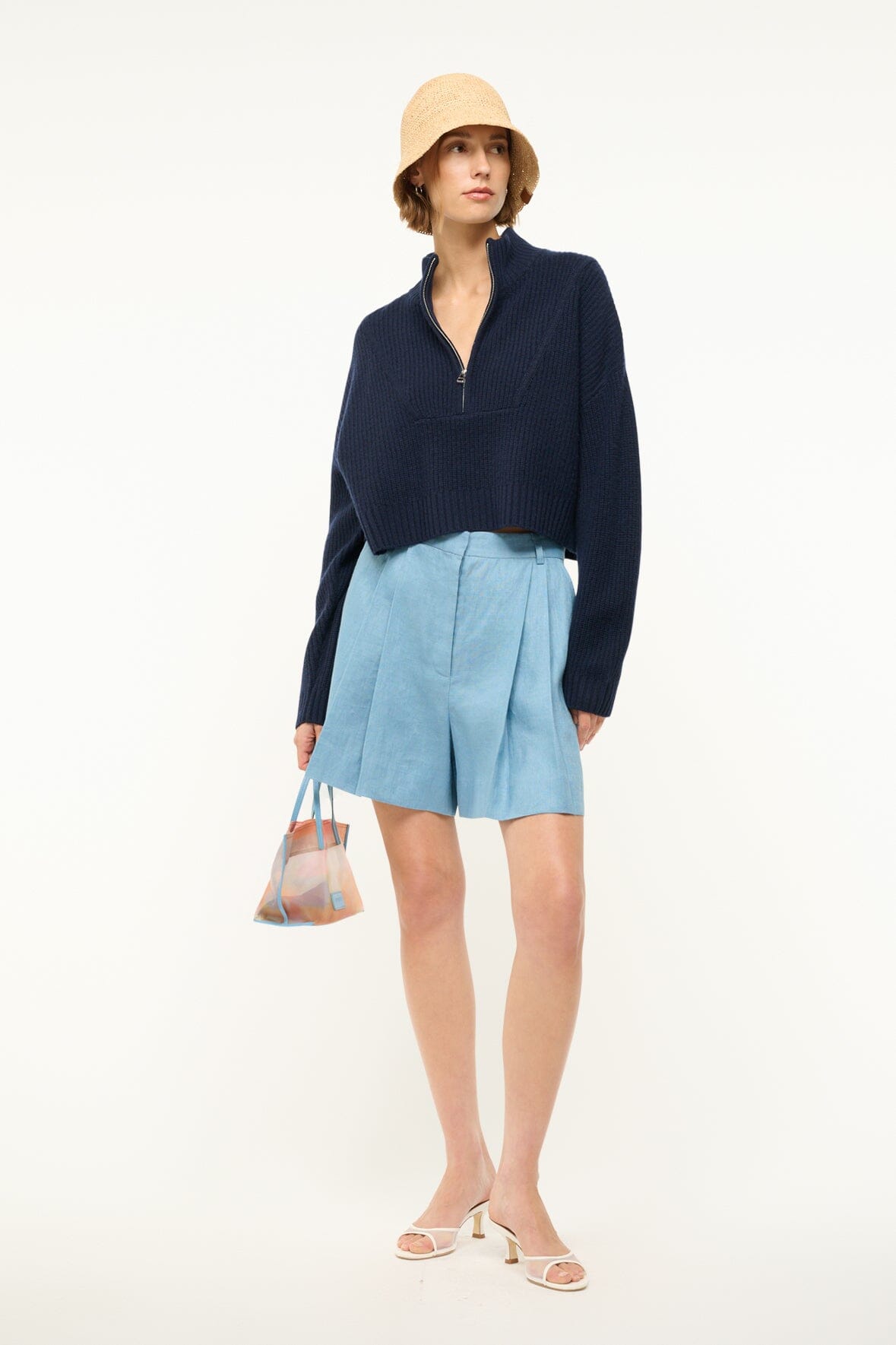 Cashmere Cropped Sweater with Half-Zip | Hampton Navy