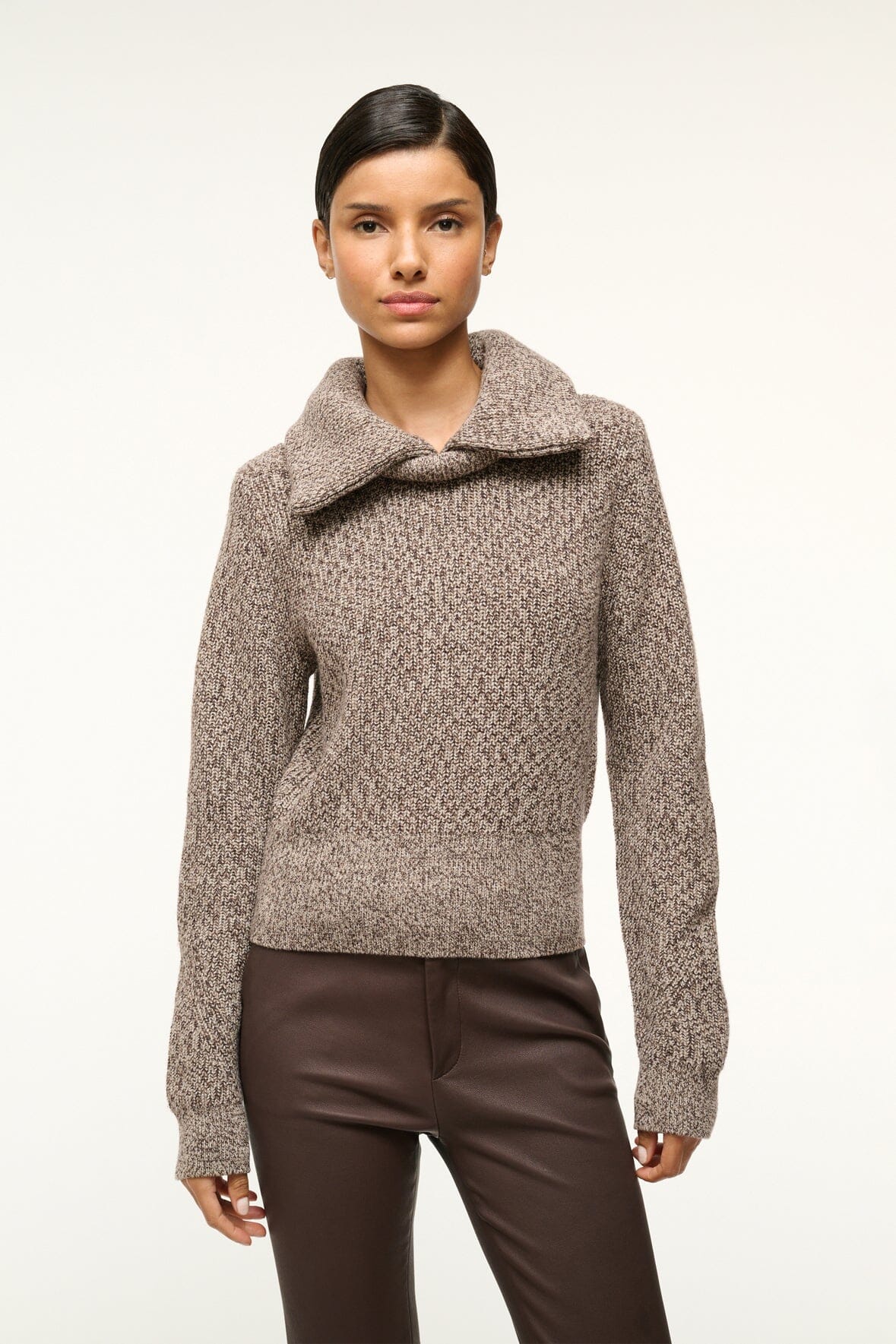 Chunky Knit Sweater with Double Collar & Ribbed Cuffs | Christopher Mocha