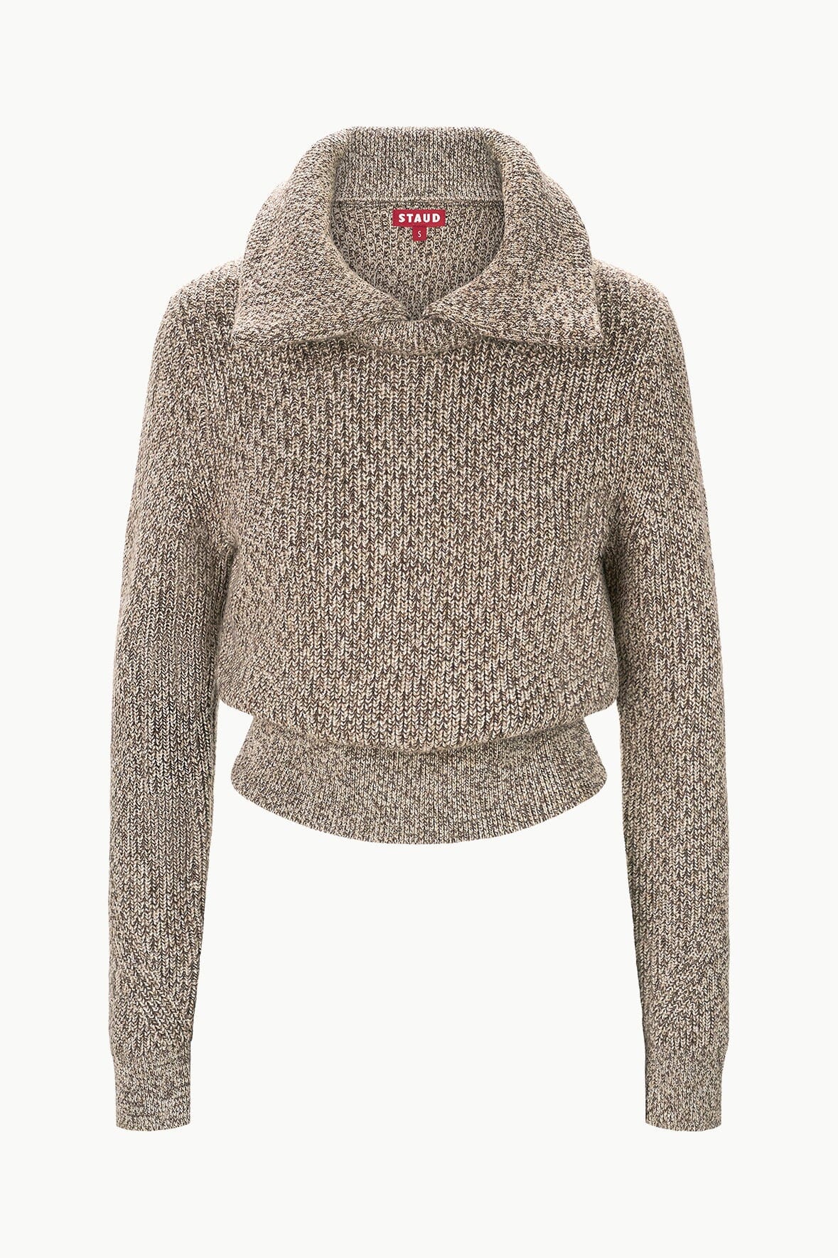 Chunky Knit Sweater with Double Collar & Ribbed Cuffs | Christopher Mocha
