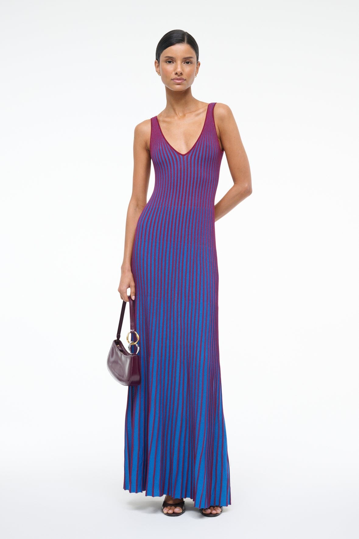 Pleated Maxi Dress with V-Neck & Fluted Skirt | Clarette