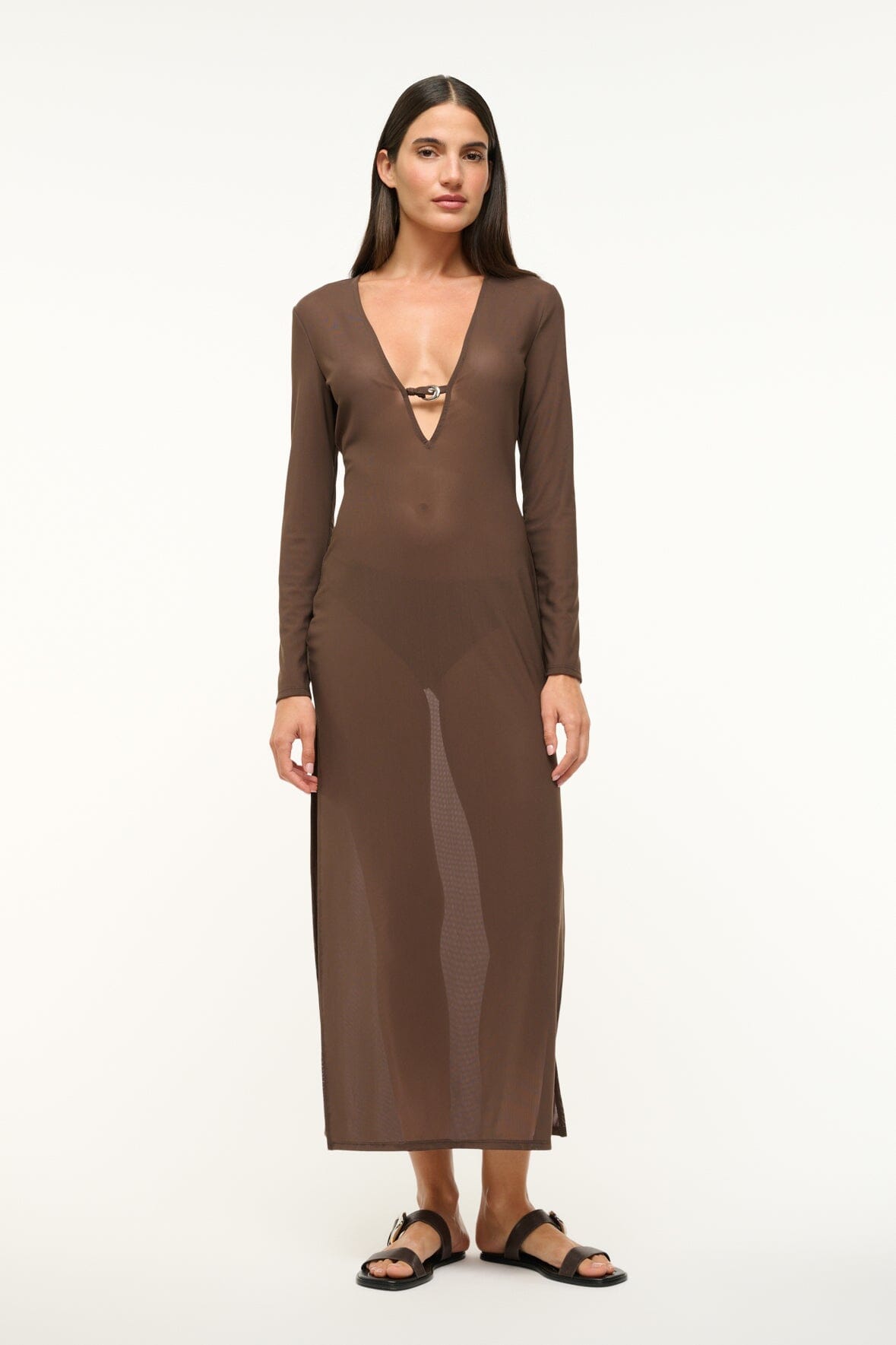 Power Mesh Swim Cover-Up Dress with V-Neck & Moon Buckle | Cleo Dark Chocolate