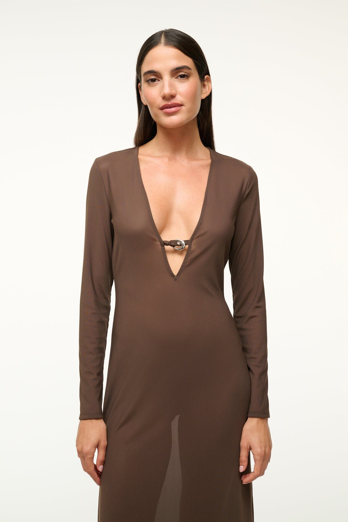 Power Mesh Swim Cover-Up Dress with V-Neck & Moon Buckle | Cleo Dark Chocolate