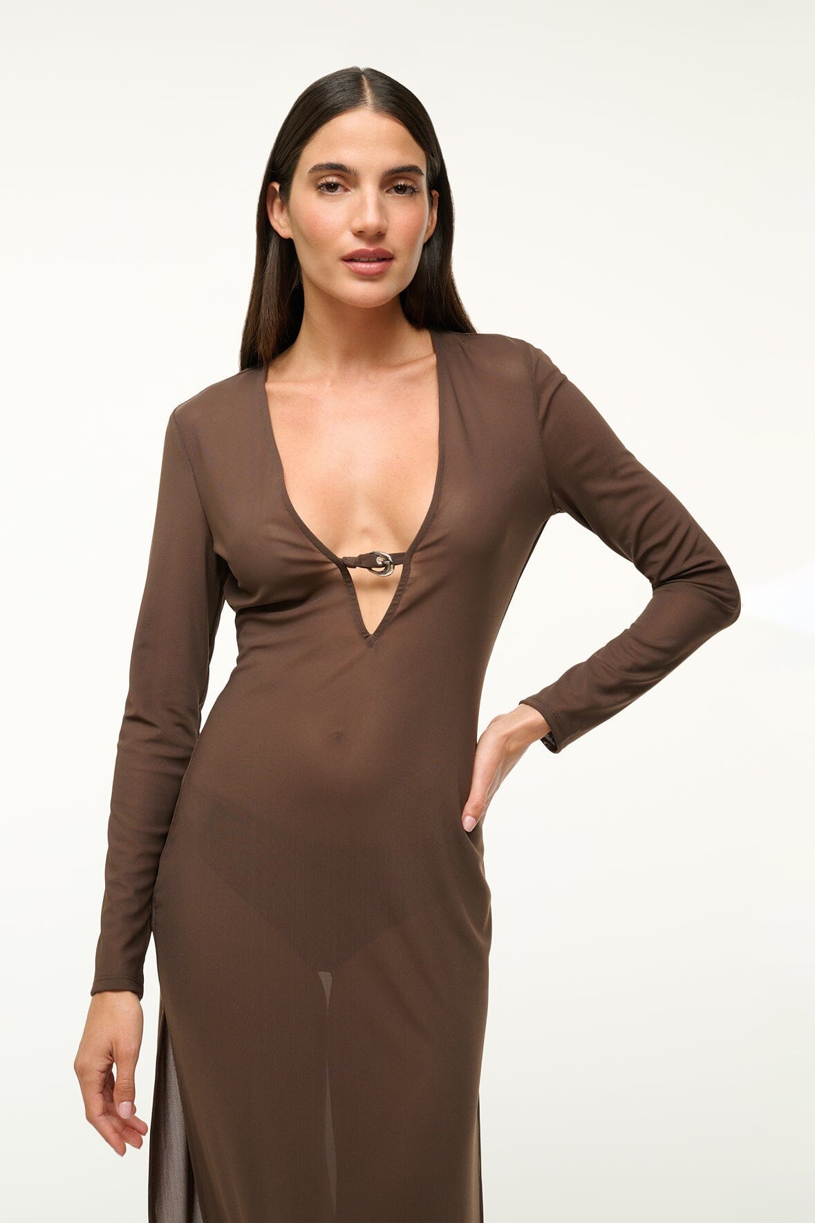 Power Mesh Swim Cover-Up Dress with V-Neck & Moon Buckle | Cleo Dark Chocolate