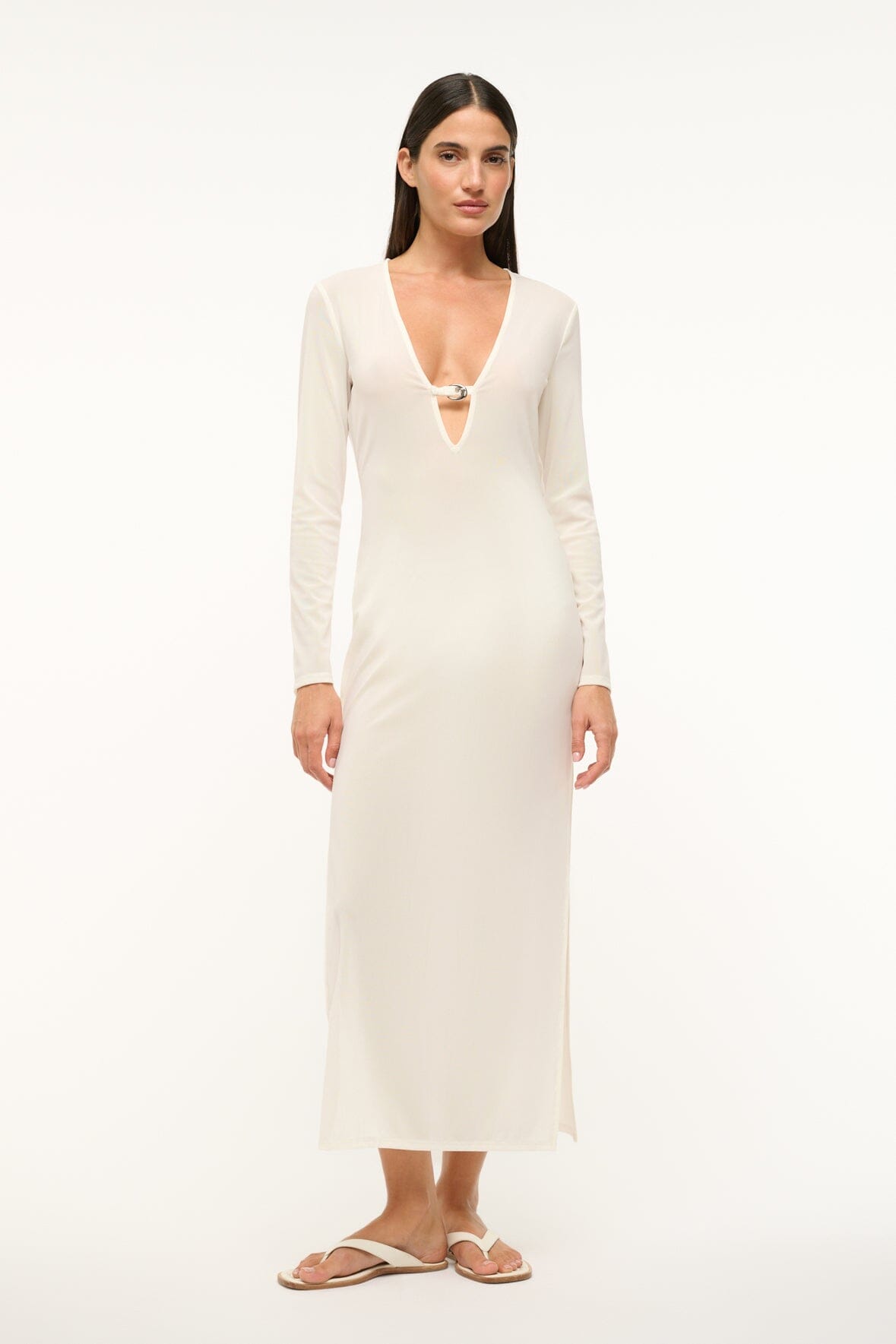 White Power Mesh Cleo Dress with V-Neck & Moon Buckle | Swim Cover-Up