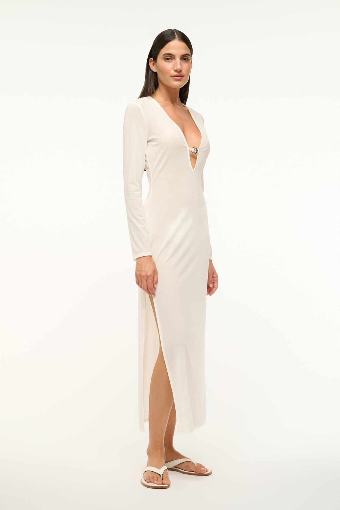 White Power Mesh Cleo Dress with V-Neck & Moon Buckle | Swim Cover-Up