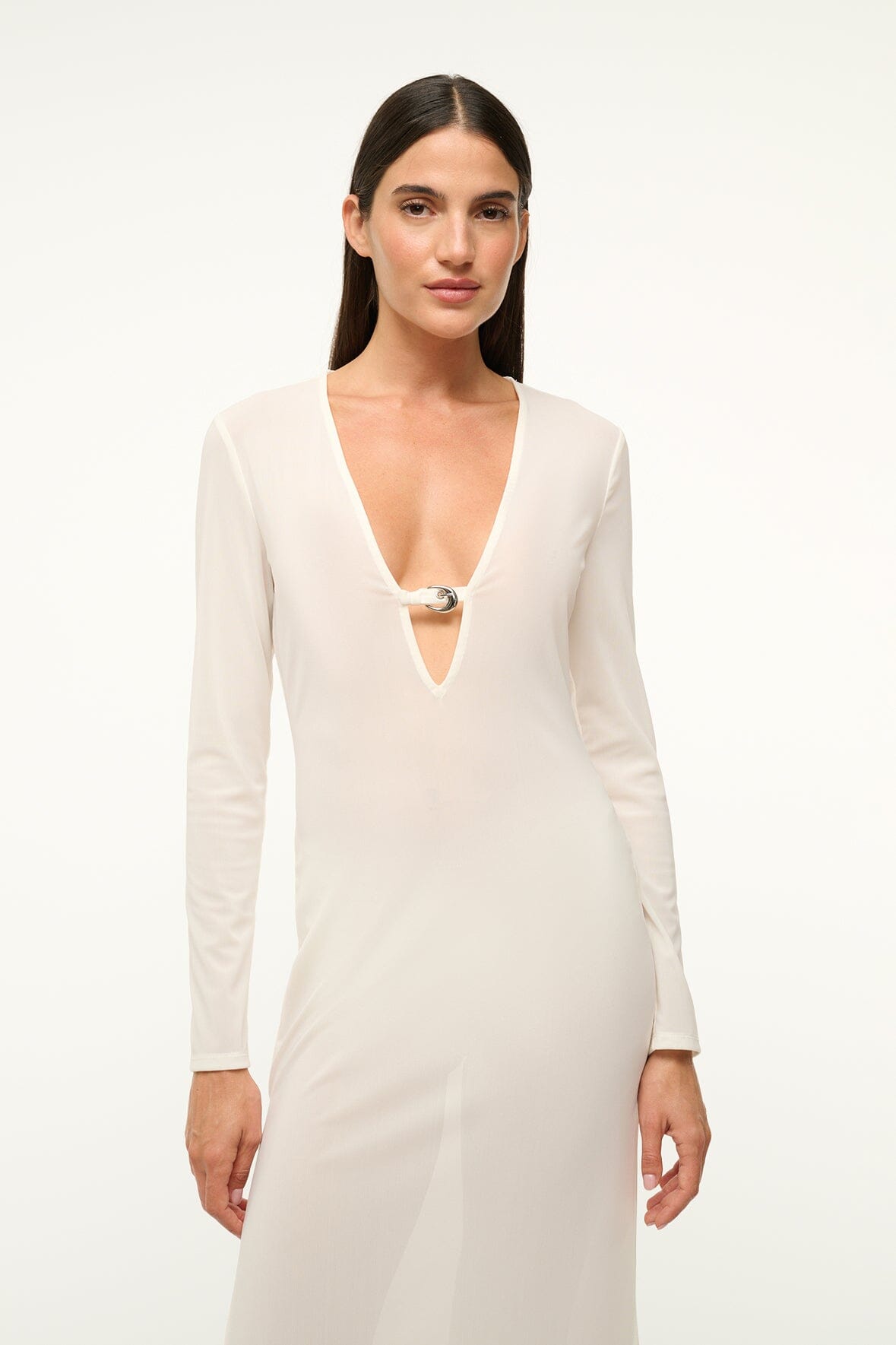 White Power Mesh Cleo Dress with V-Neck & Moon Buckle | Swim Cover-Up