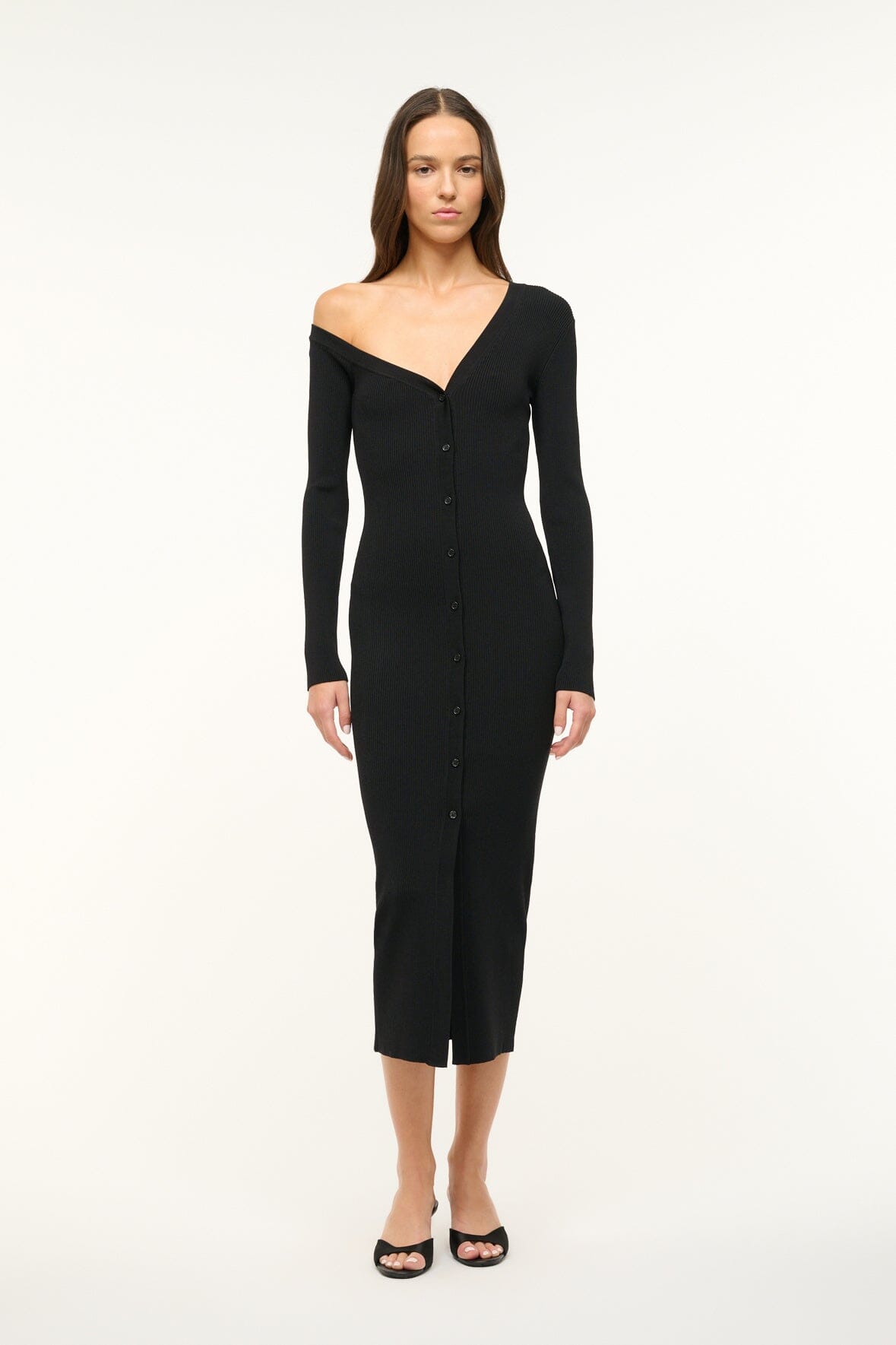 Off-Shoulder Fitted Midi Sweater Dress | Craftsman Black
