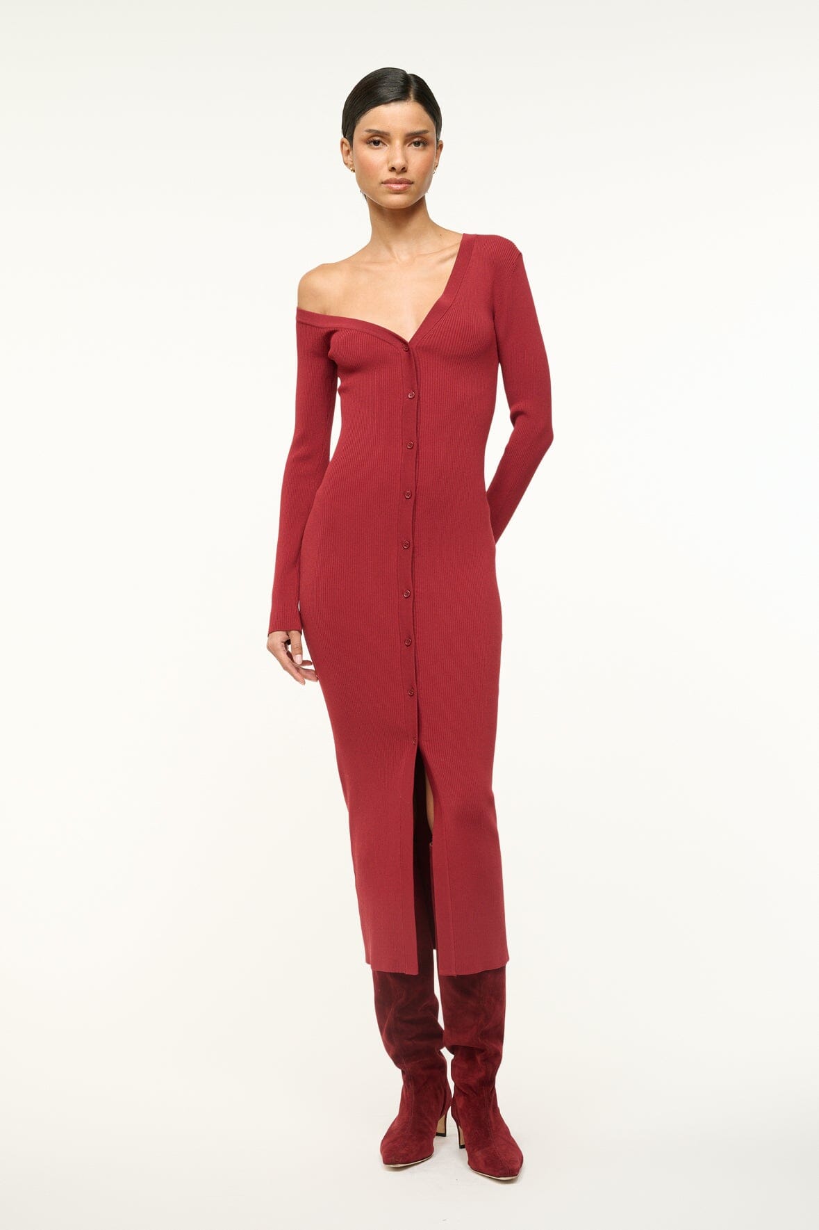 Off-Shoulder Fitted Midi Sweater Dress | Syrah Craftsman