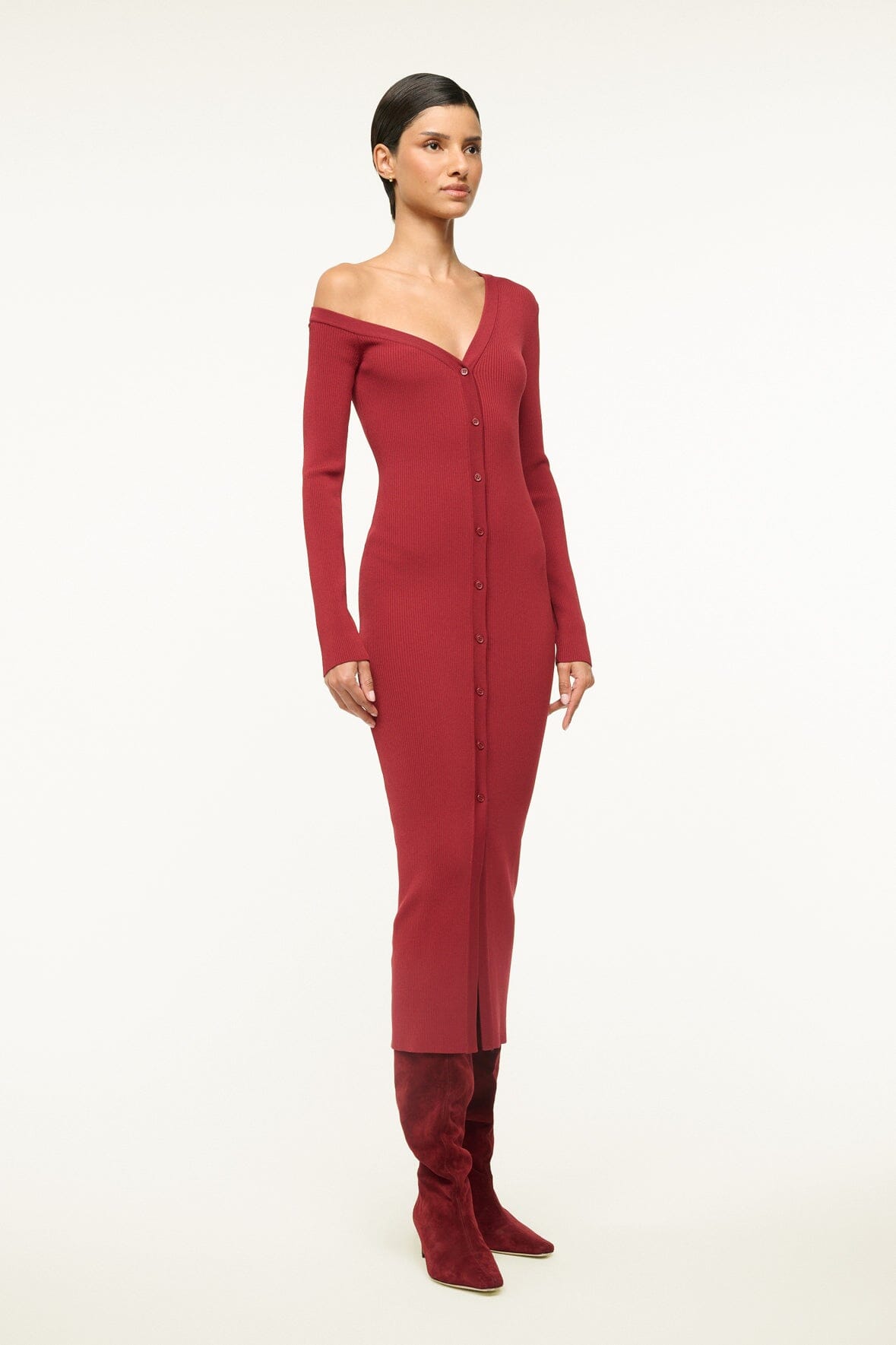 Off-Shoulder Fitted Midi Sweater Dress | Syrah Craftsman