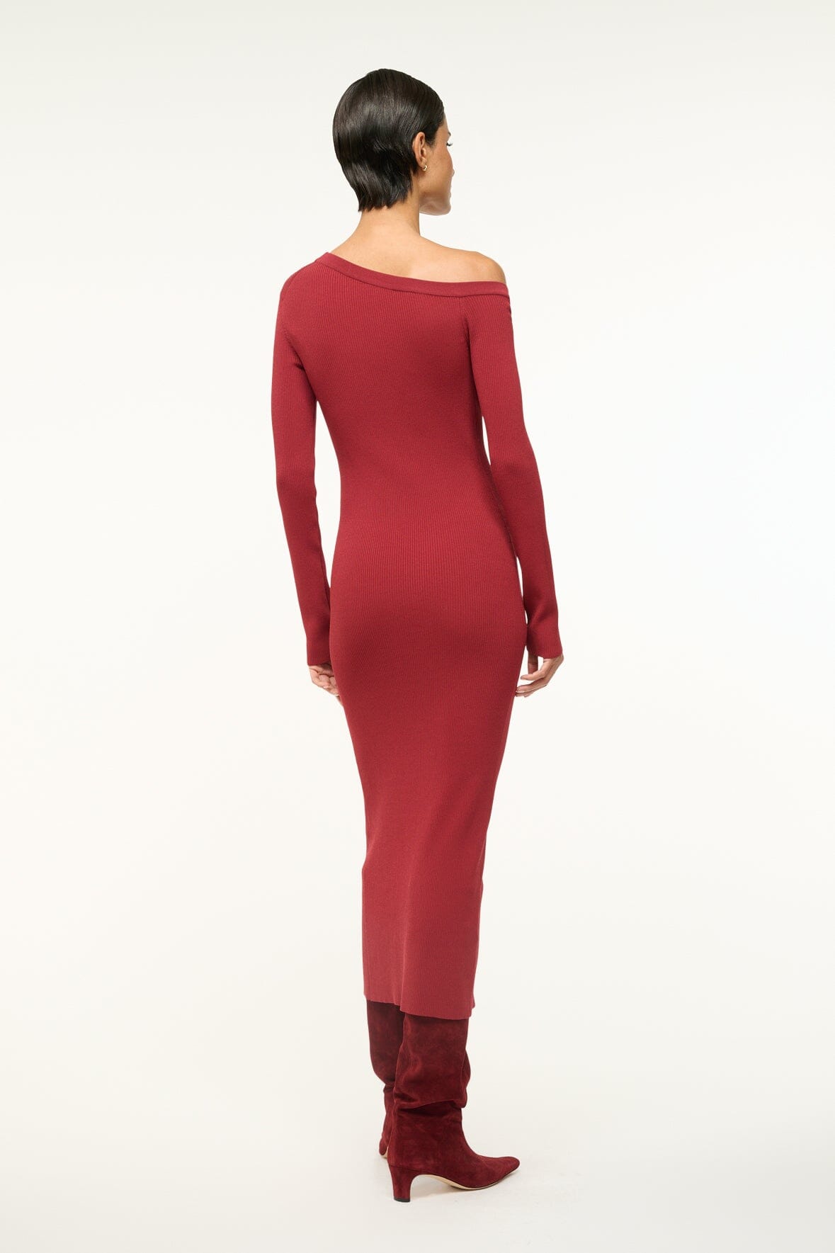Off-Shoulder Fitted Midi Sweater Dress | Syrah Craftsman