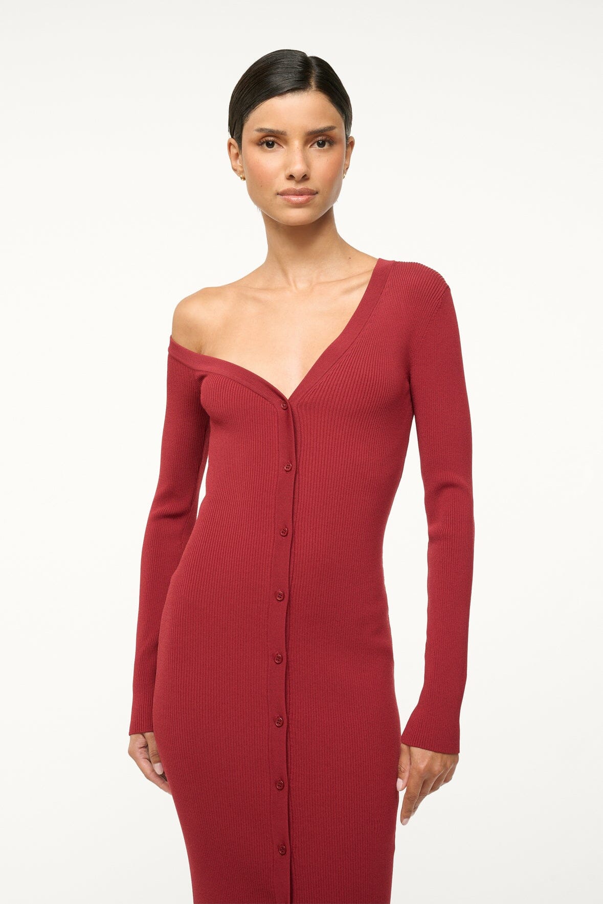 Off-Shoulder Fitted Midi Sweater Dress | Syrah Craftsman