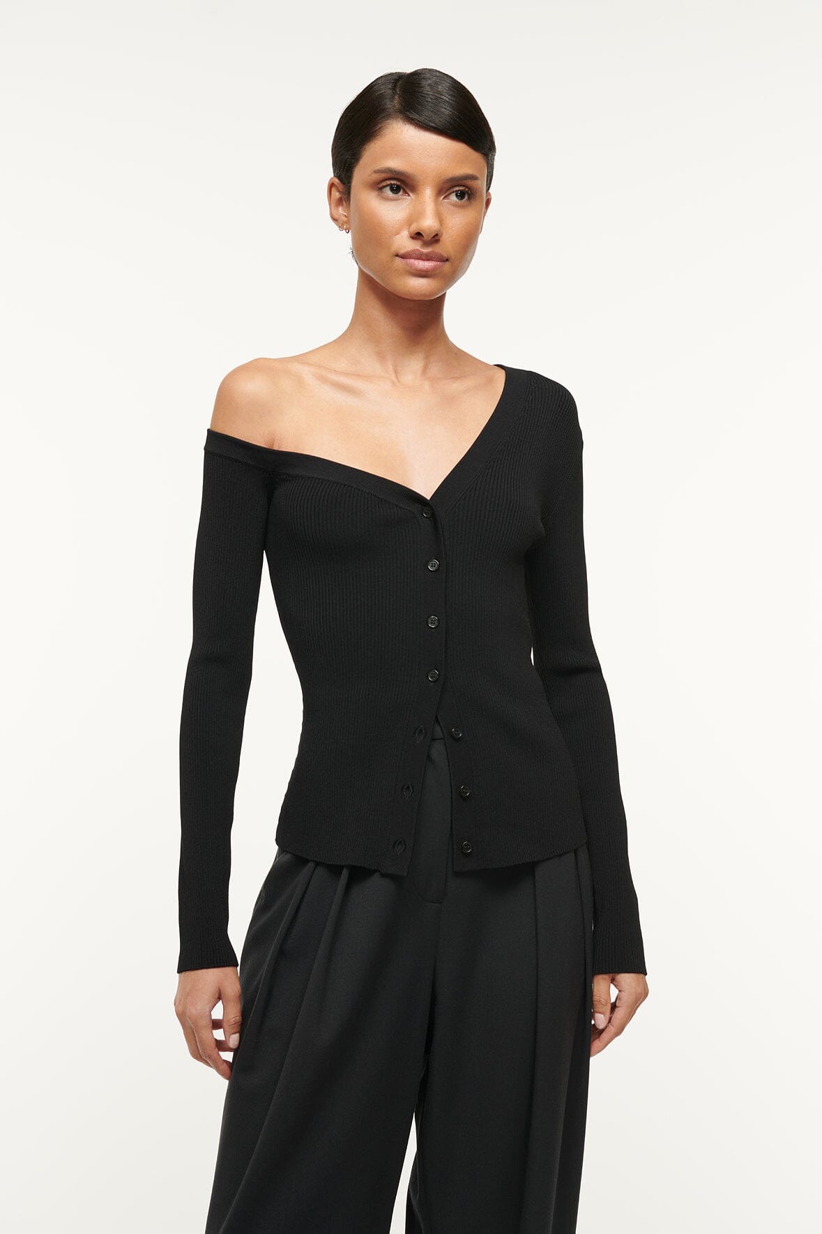 Off-Shoulder Button Up Cardigan Sweater | Black Craftsman