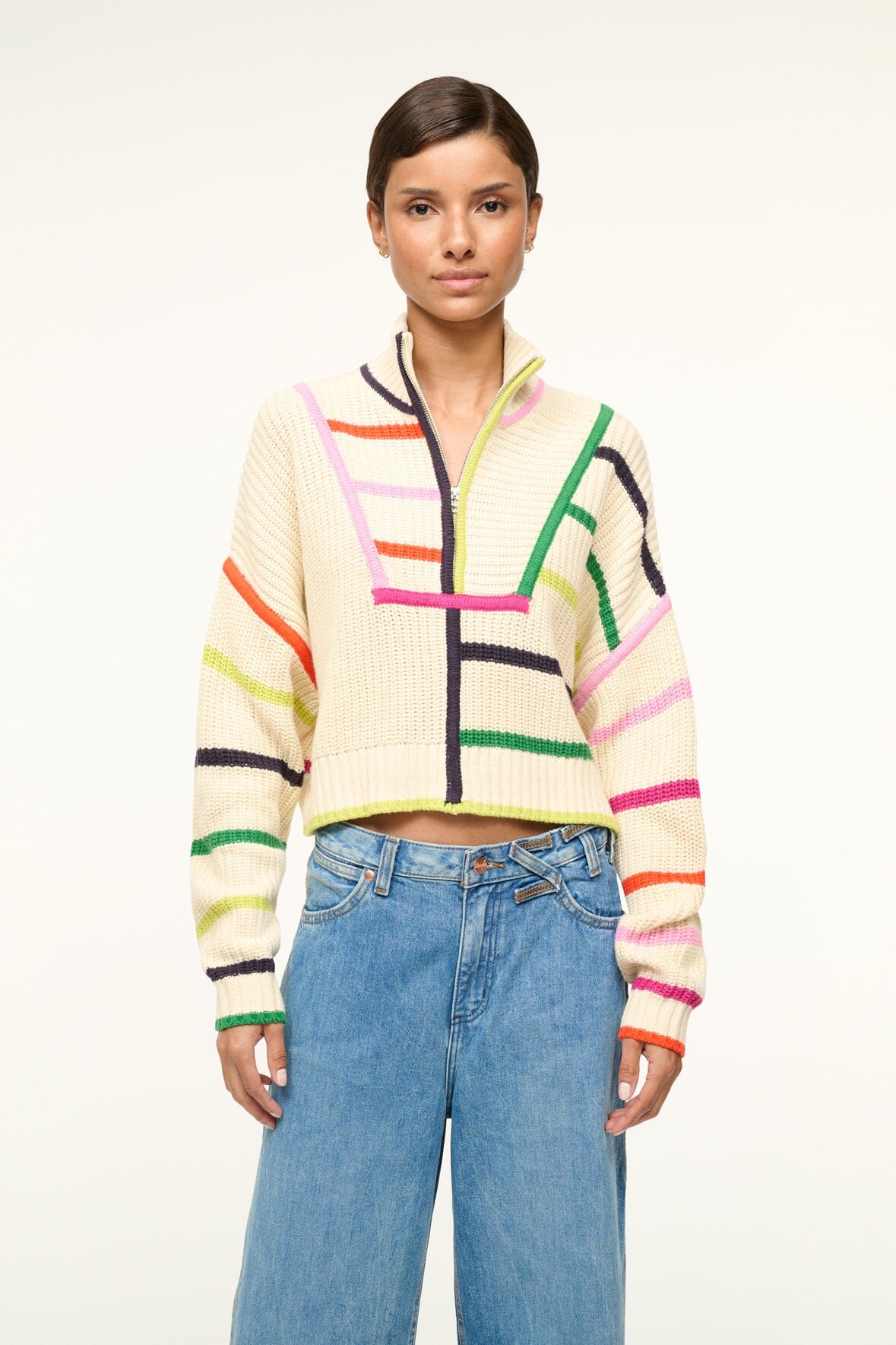 Cropped Cotton Sweater with Half Zip | Hampton Cream Rainbow Multi