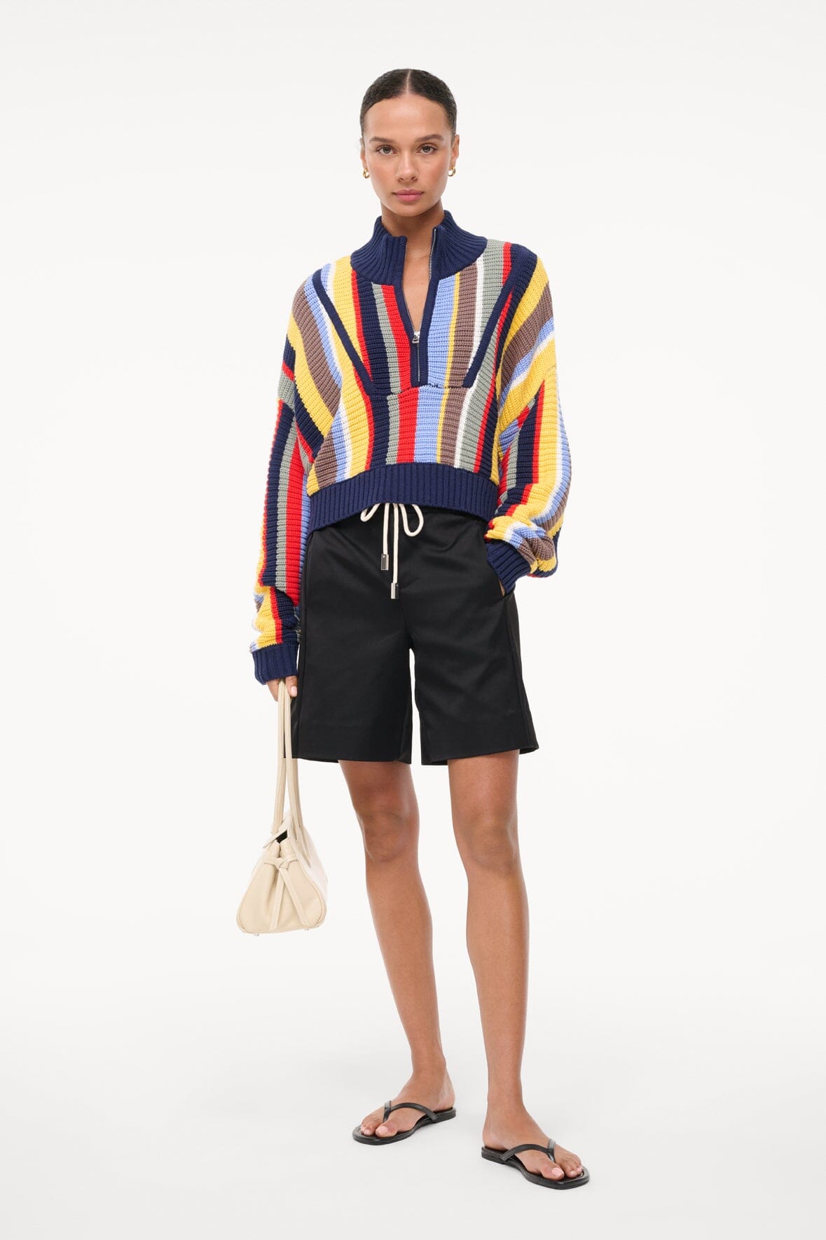 Cropped Half-Zip Sweater in Chunky Cotton Knit | Hampton Market Stripe
