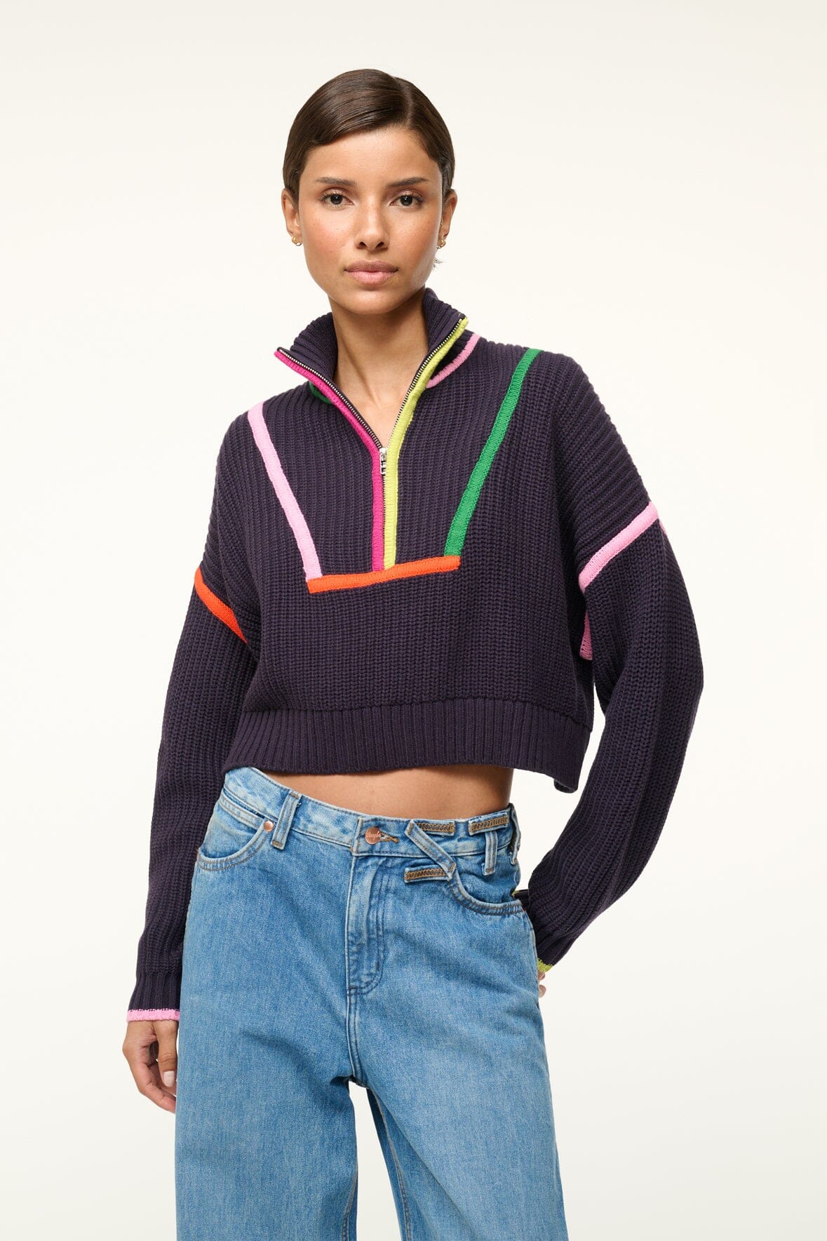 Cropped Cotton Sweater with Half Zip | Hampton Navy Multi