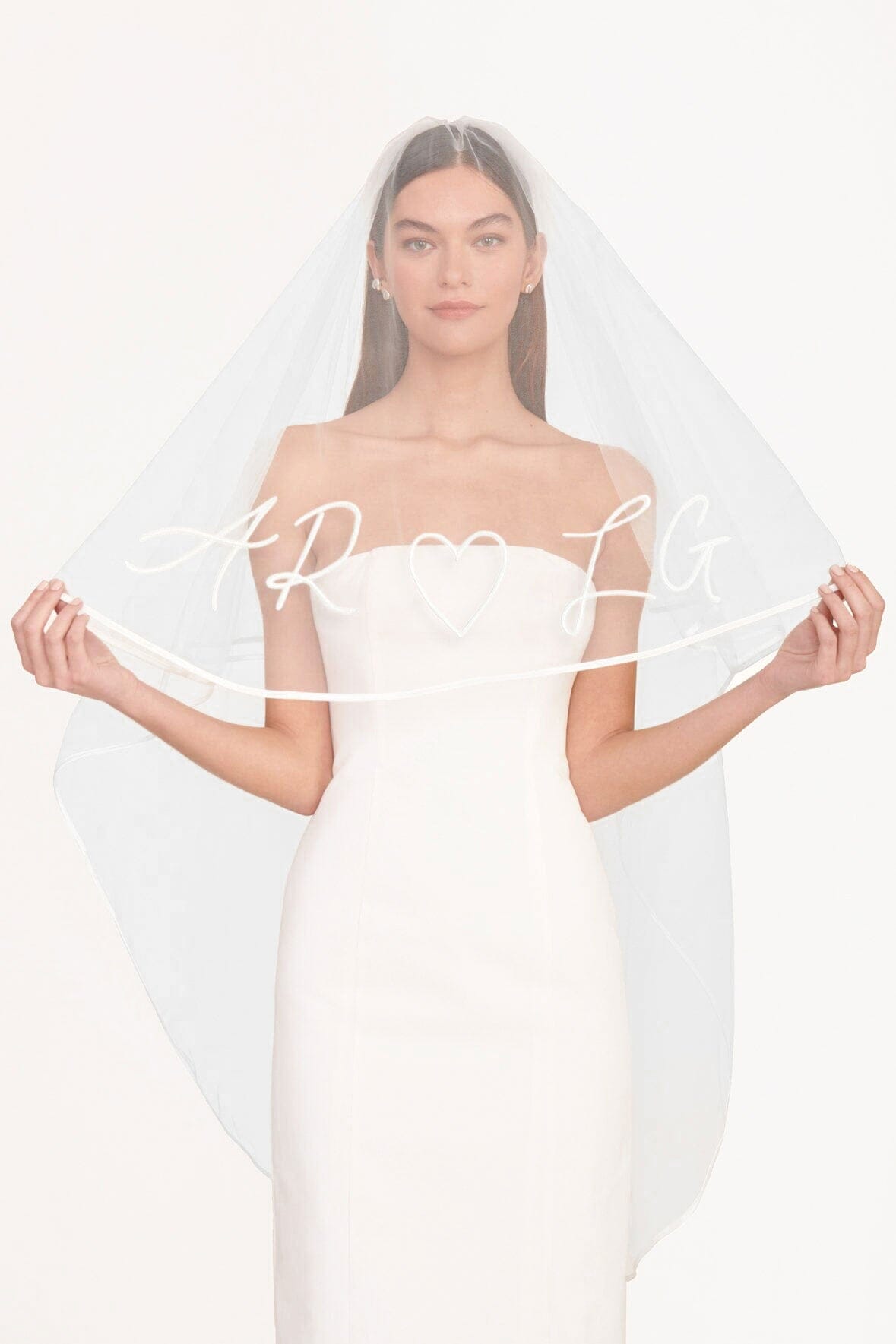Custom Embroidered Wedding Veil with Initials & Heart | Mid-Length Tulle Blusher