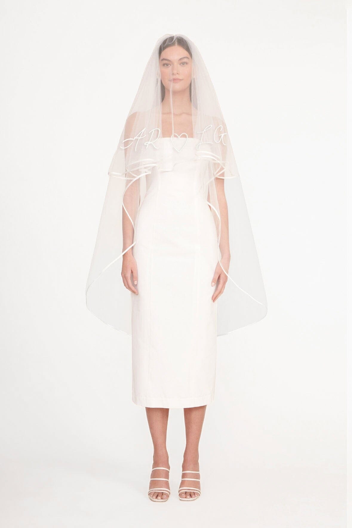 Custom Embroidered Wedding Veil with Initials & Heart | Mid-Length Tulle Blusher