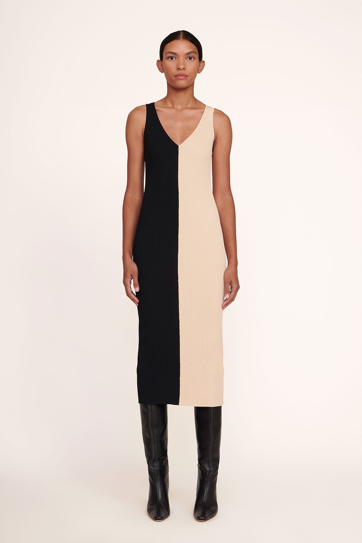Sleeveless Ribbed Knit Dress in Buff Black | Dana Dress