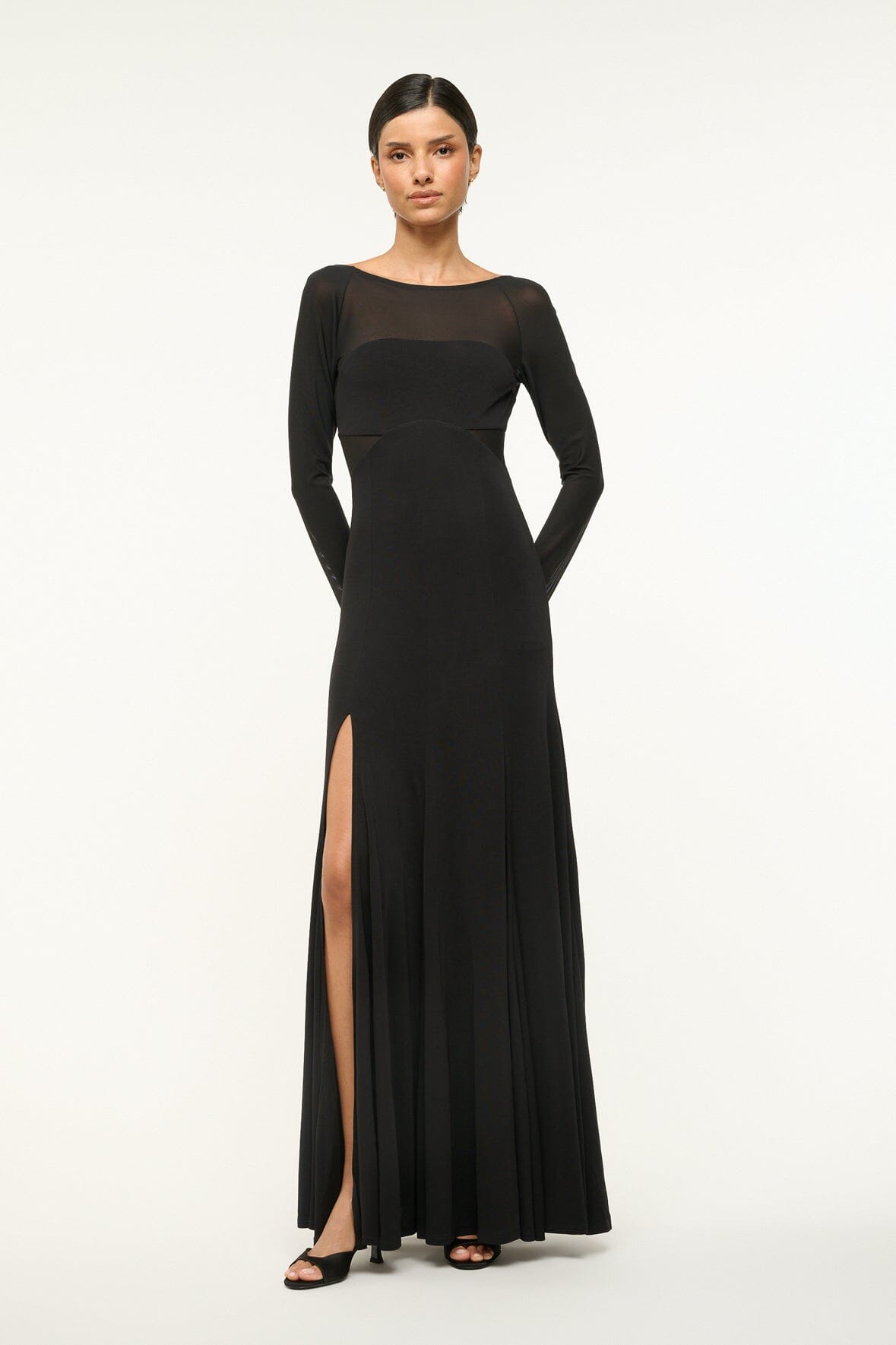 Long Sleeve Maxi Dress with Sheer Sleeves & Low Back | Dara Black