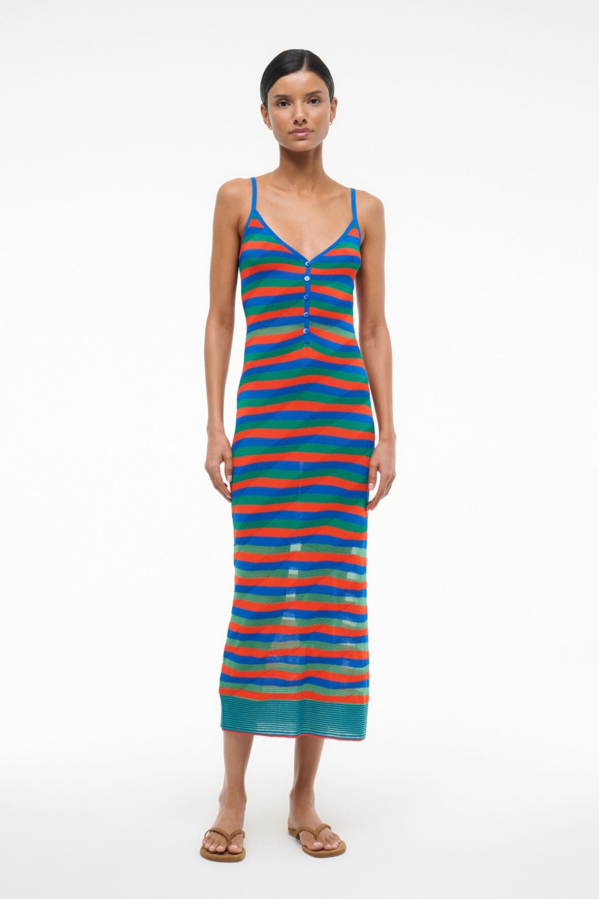 V-Neck Striped Knit Day Dress with Spaghetti Straps | Delmare