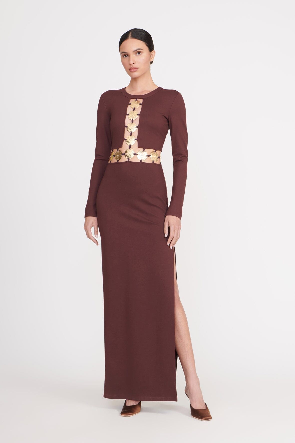 Long Sleeve Maxi Dress with Cutout & Side Slit | Delphine Dark Chocolate