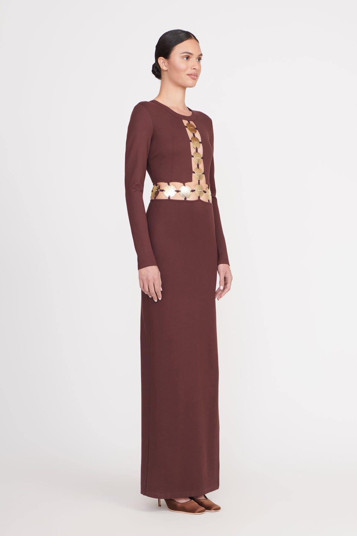 Long Sleeve Maxi Dress with Cutout & Side Slit | Delphine Dark Chocolate