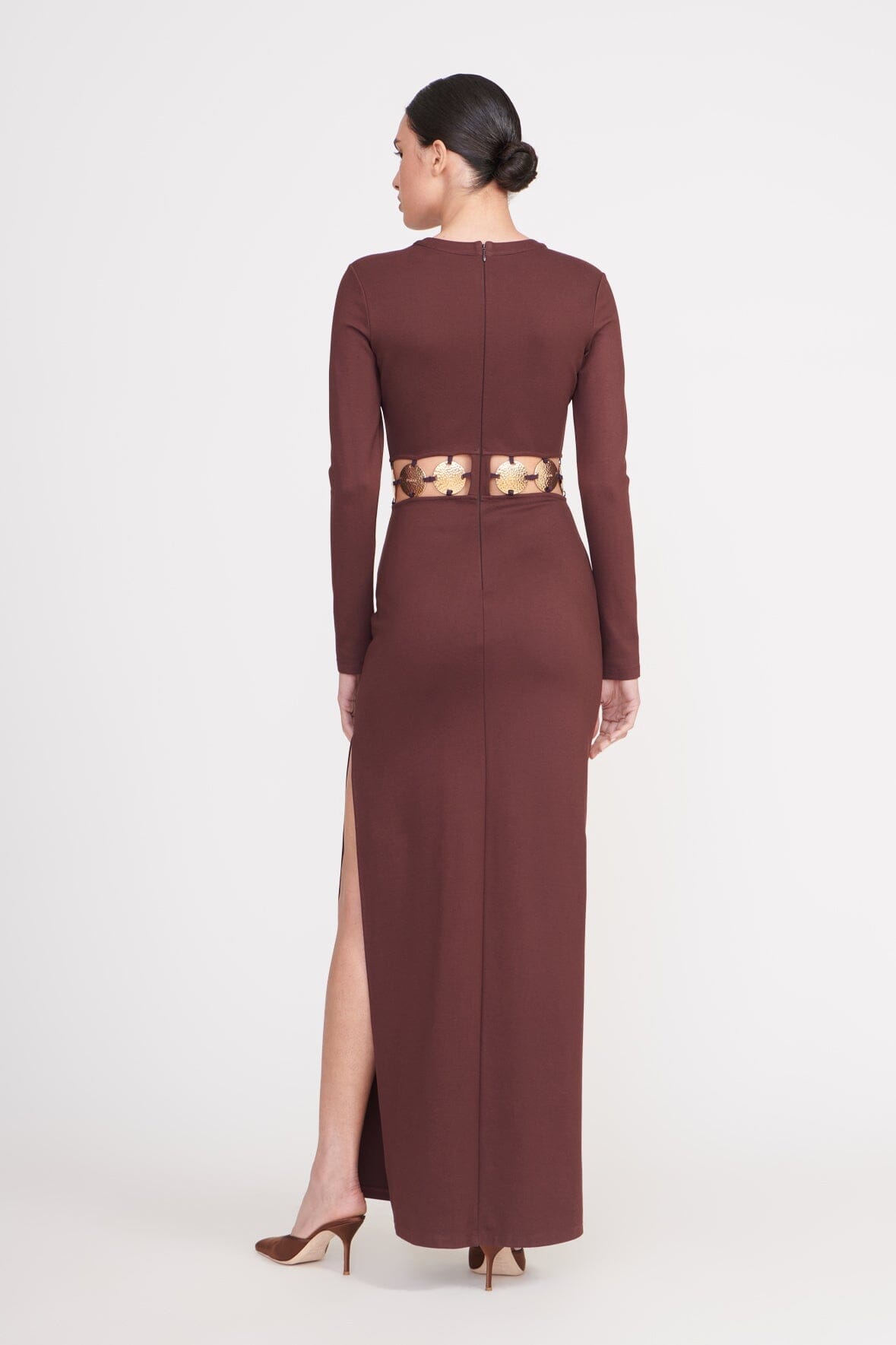 Long Sleeve Maxi Dress with Cutout & Side Slit | Delphine Dark Chocolate