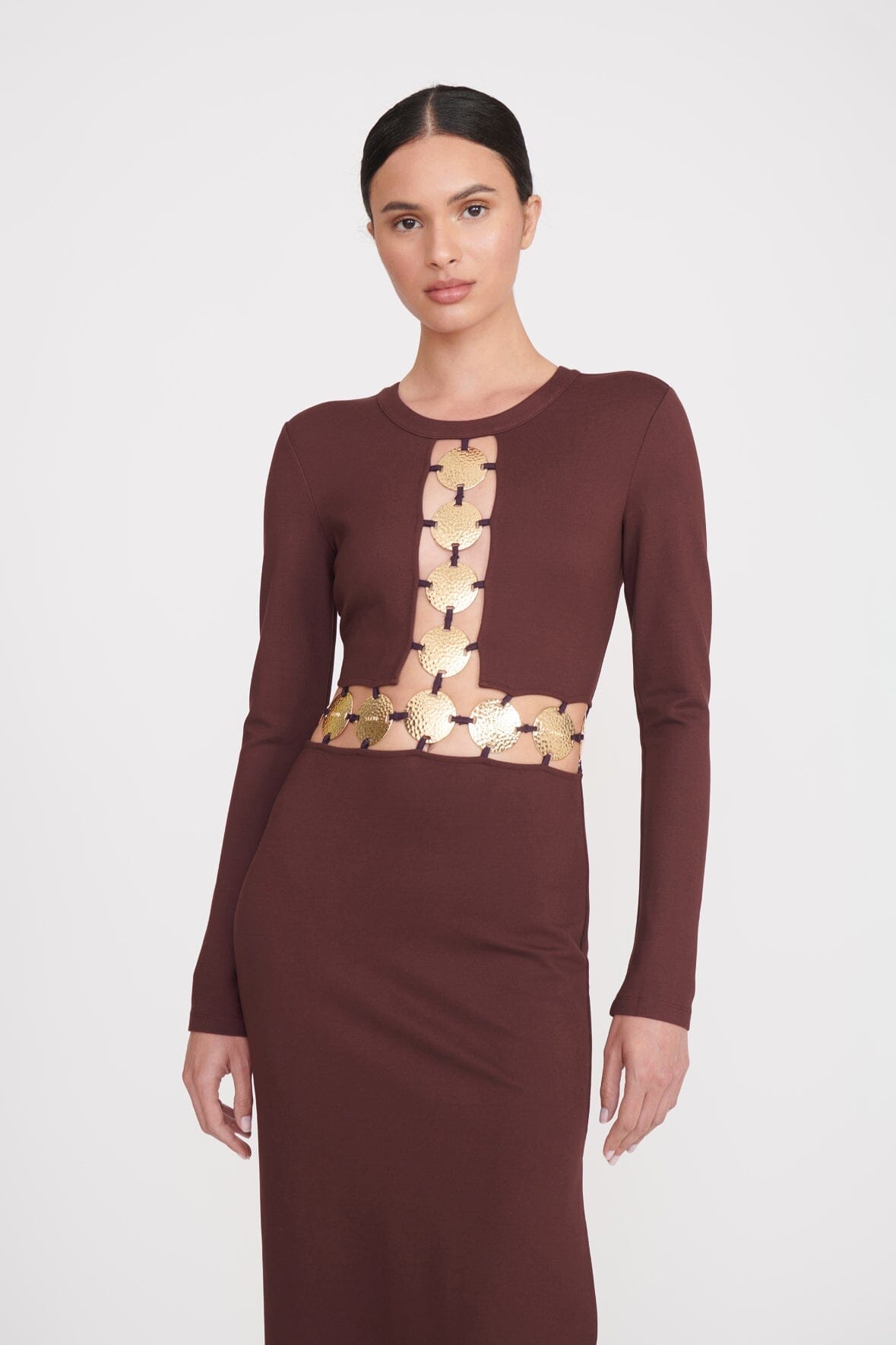 Long Sleeve Maxi Dress with Cutout & Side Slit | Delphine Dark Chocolate