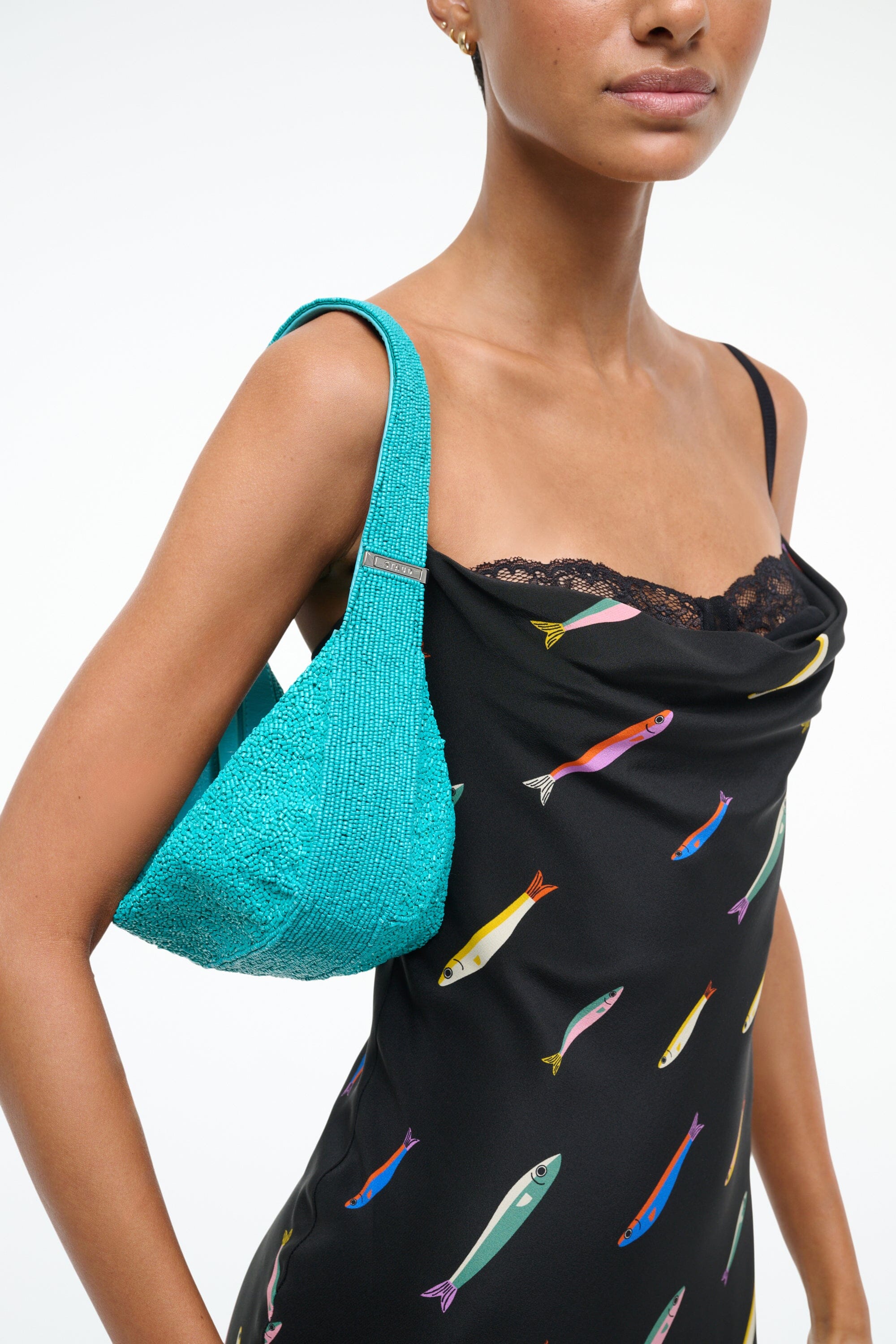 Beaded Shoulder Bag with Convertible Strap & Top Zipper | Demy Teal