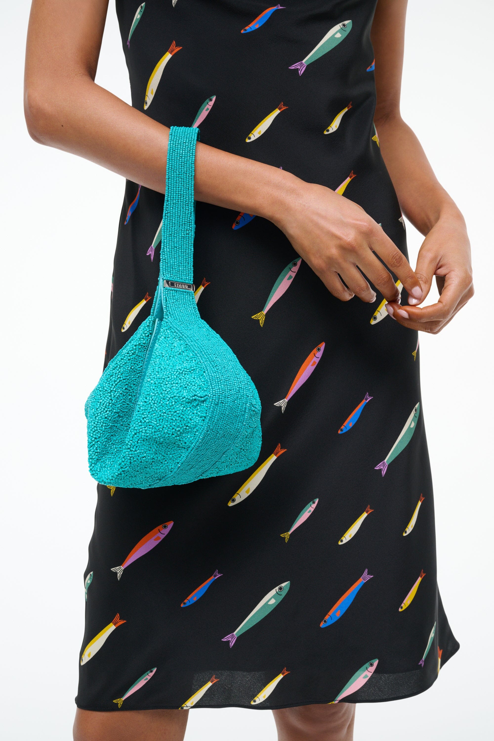 Beaded Shoulder Bag with Convertible Strap & Top Zipper | Demy Teal