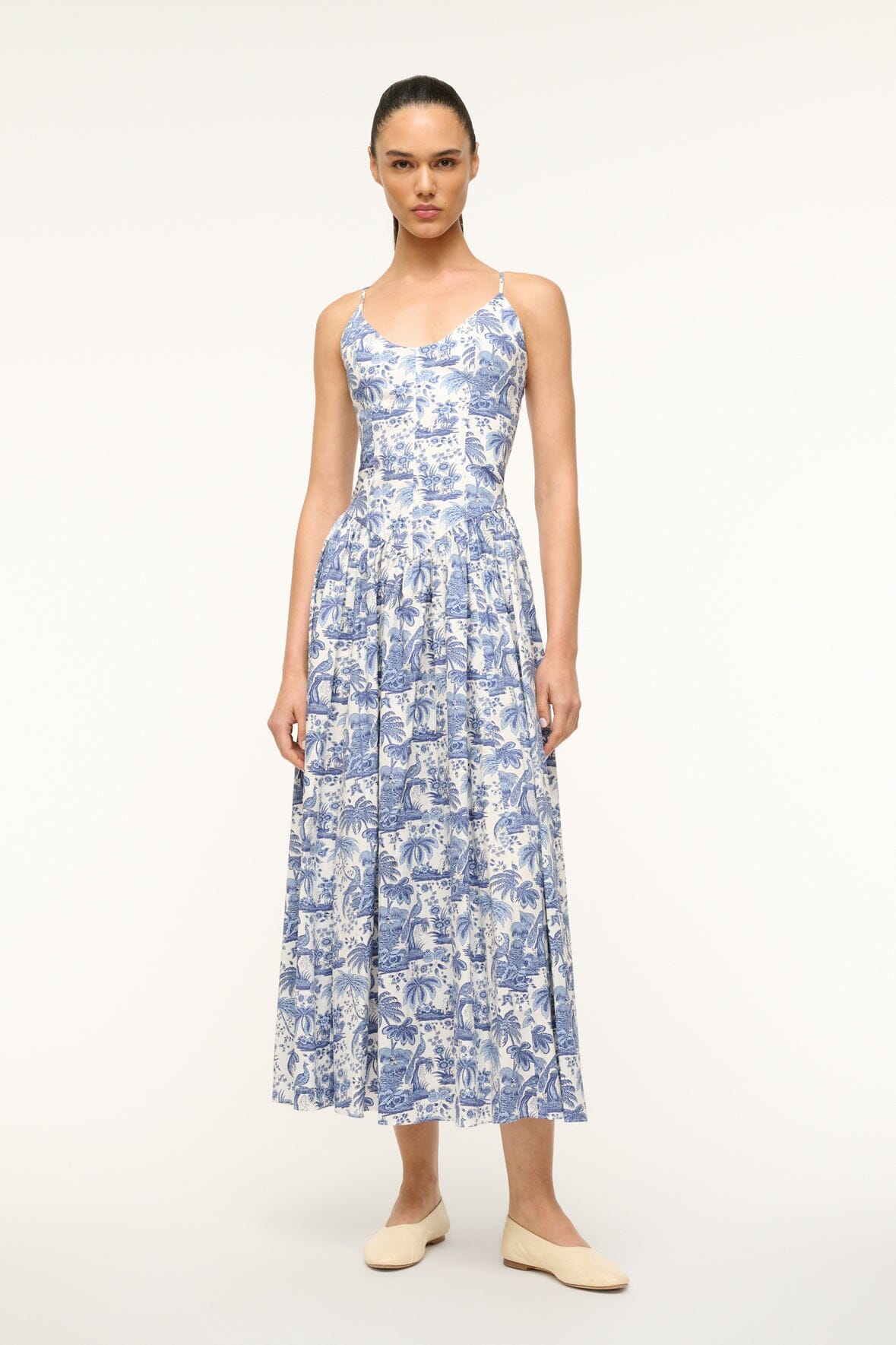 Blue Toile Cotton Poplin Dress with Fitted Bodice | Dena