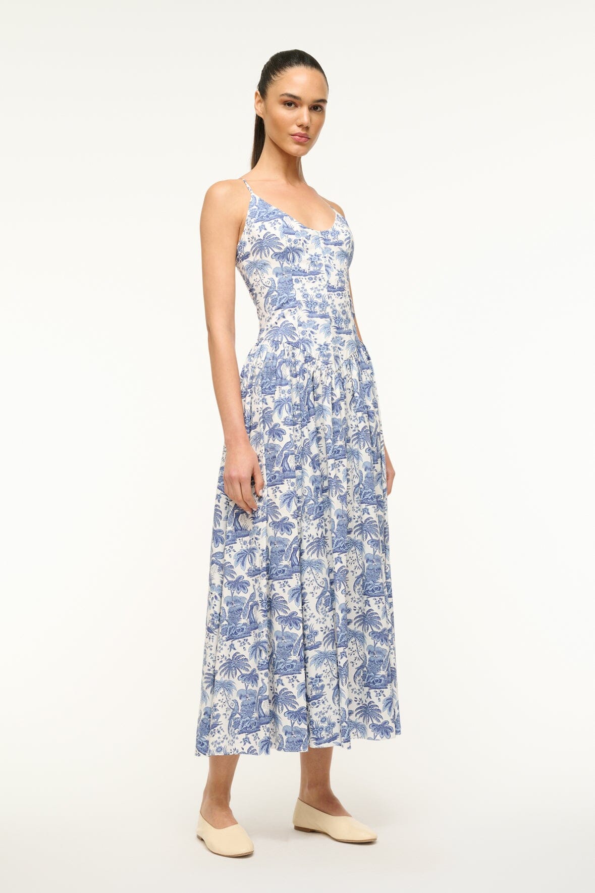 Blue Toile Cotton Poplin Dress with Fitted Bodice | Dena