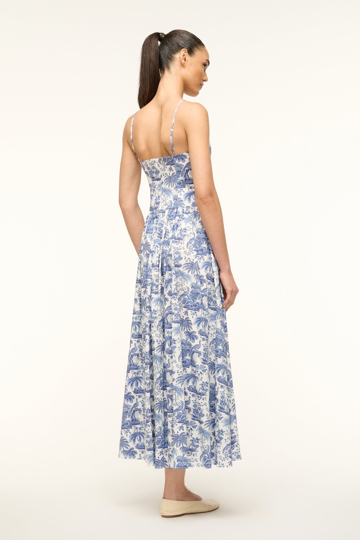 Blue Toile Cotton Poplin Dress with Fitted Bodice | Dena