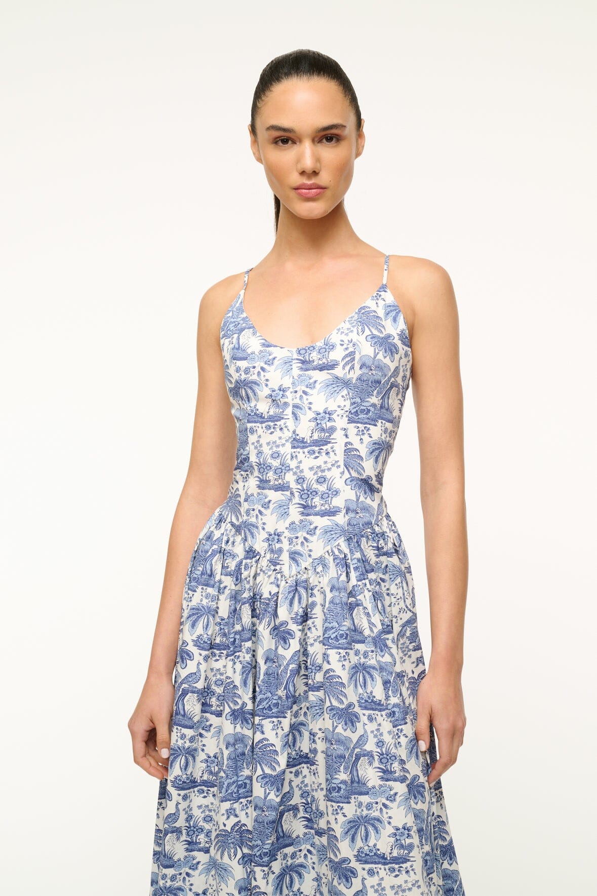 Blue Toile Cotton Poplin Dress with Fitted Bodice | Dena
