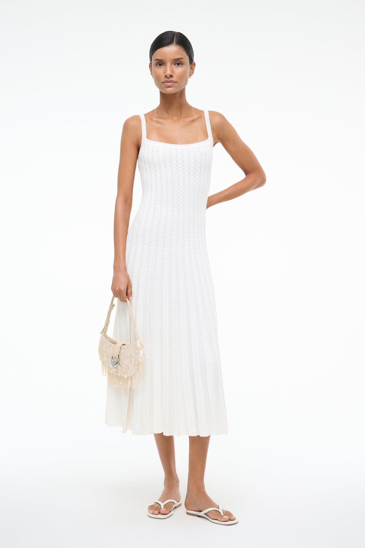 Stretchy Knit Dress with Square Neck & Pleated Skirt | Ellen Ivory