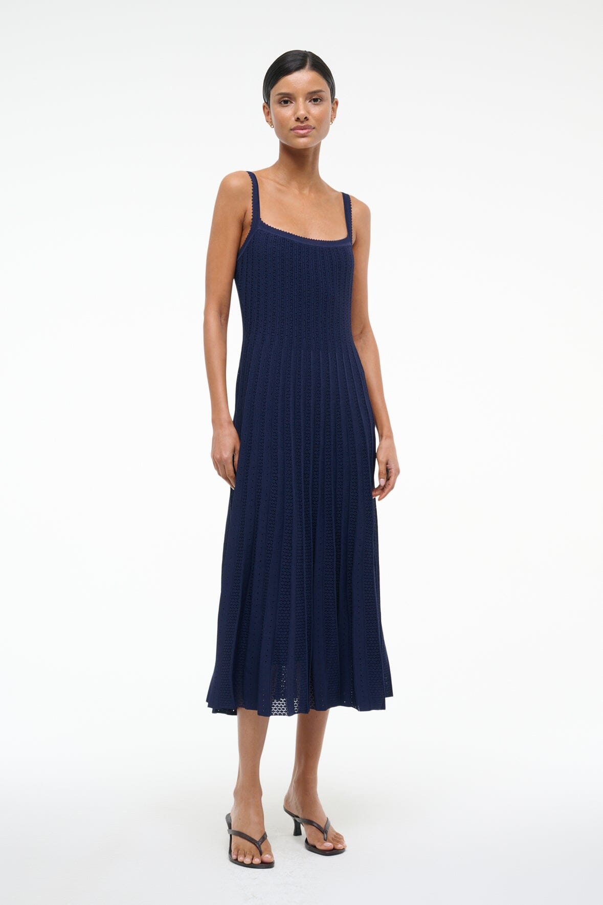Stretchy Knit Dress with Square Neck & Pleated Skirt | Ellen Navy