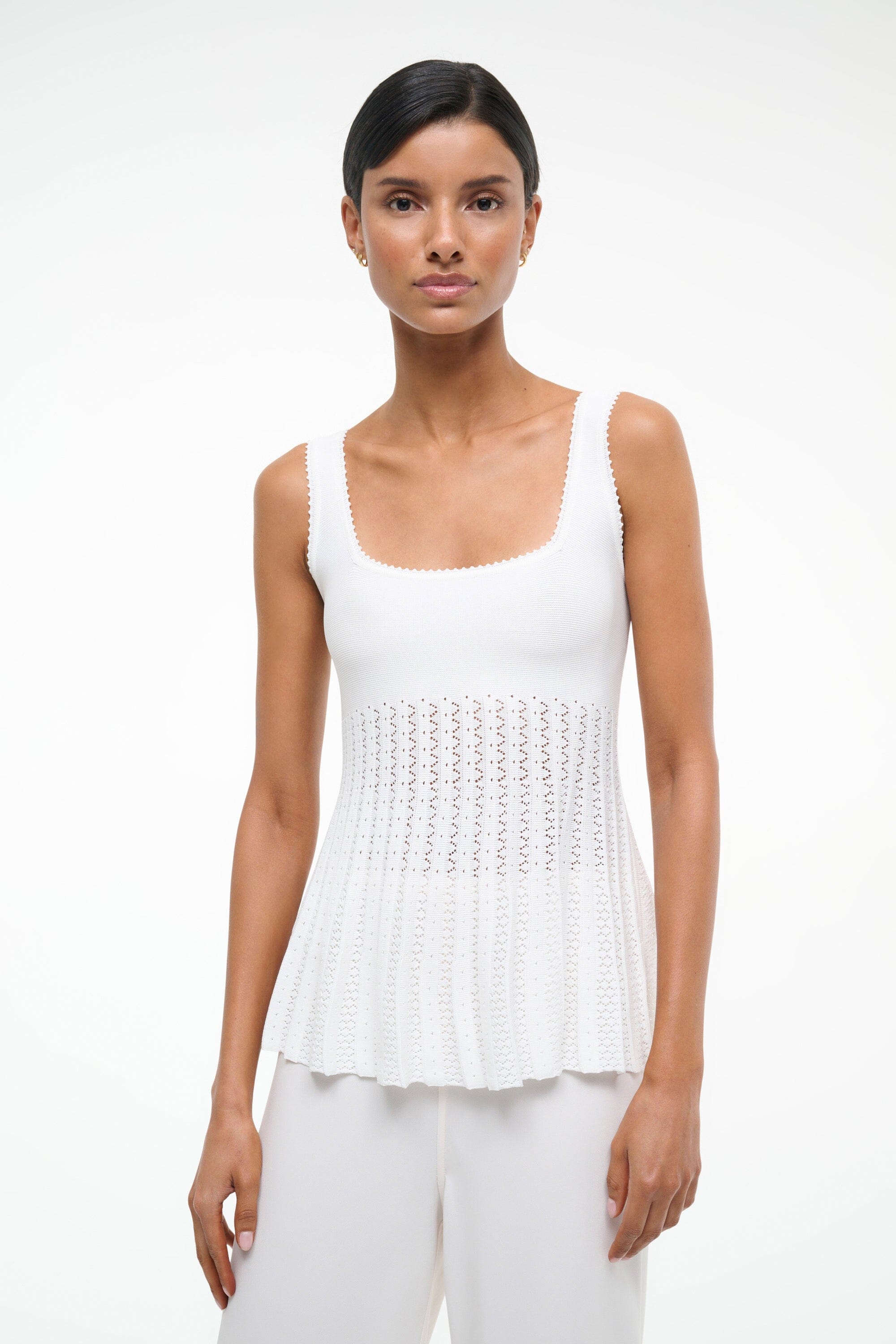 Stretchy Pointelle Knit Top with Bra-Friendly Straps | Ellen Ivory