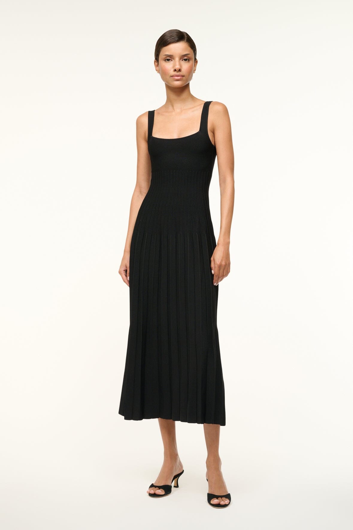 Square Neck Knit Dress with Ottoman Stitch Waist | Ellison Black