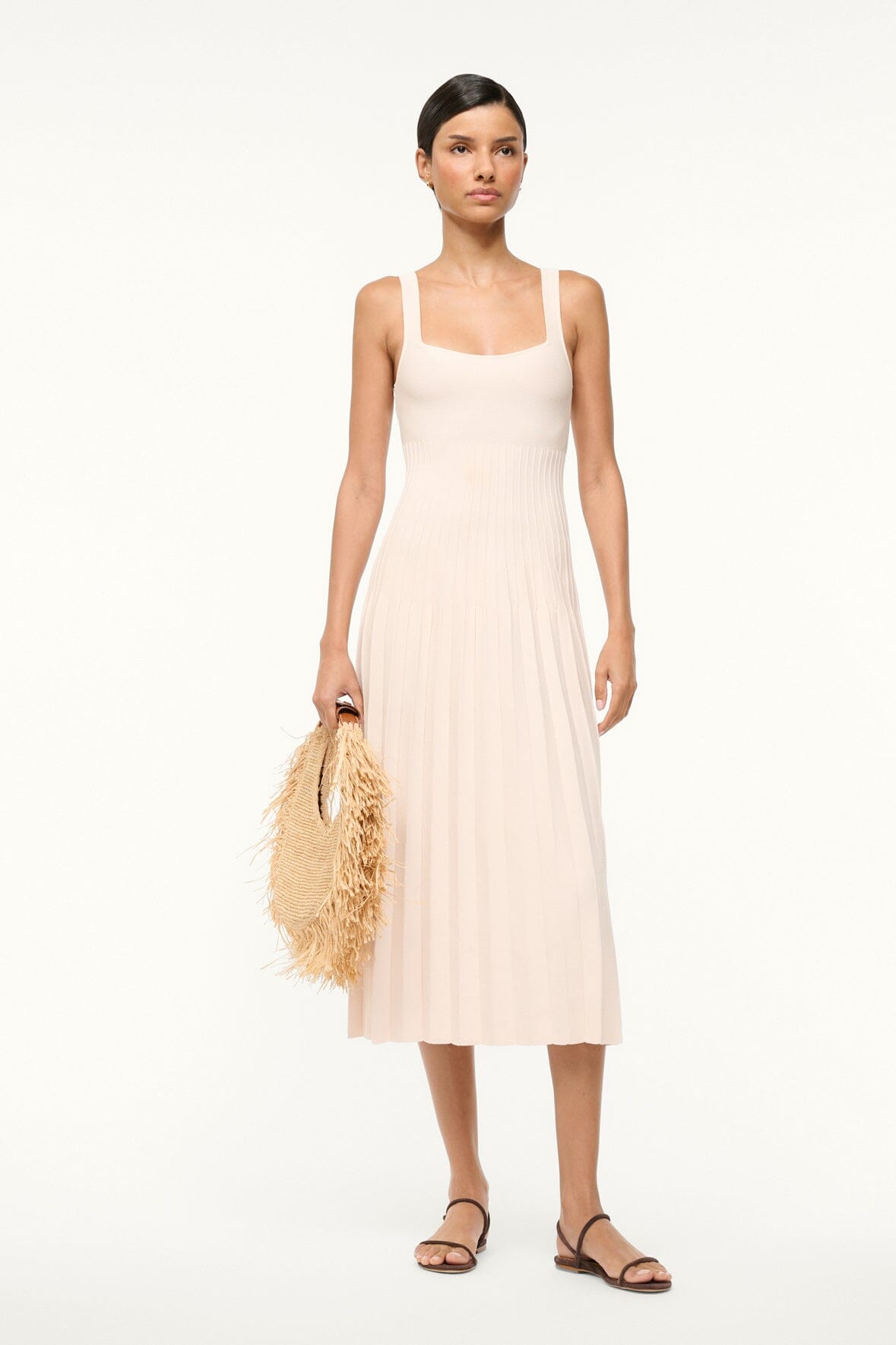 Square Neck Flattering Dress with Ottoman Stitch | Ellison Ecru