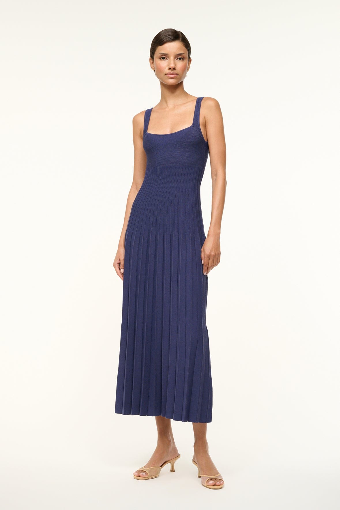 Square Neck Knit Dress with Ottoman Stitch Waist | Ellison Dress Navy