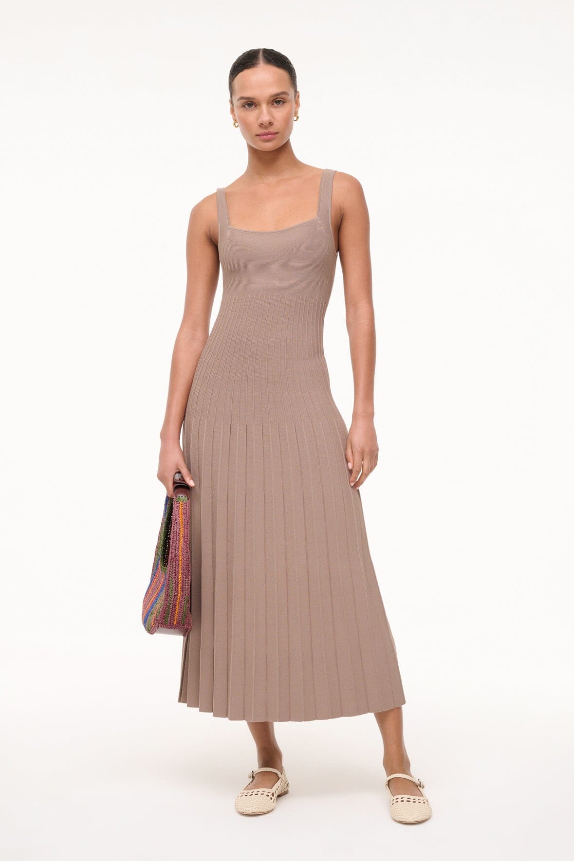 Square Neck Flattering Ellison Dress with Ottoman Stitch | Taupe