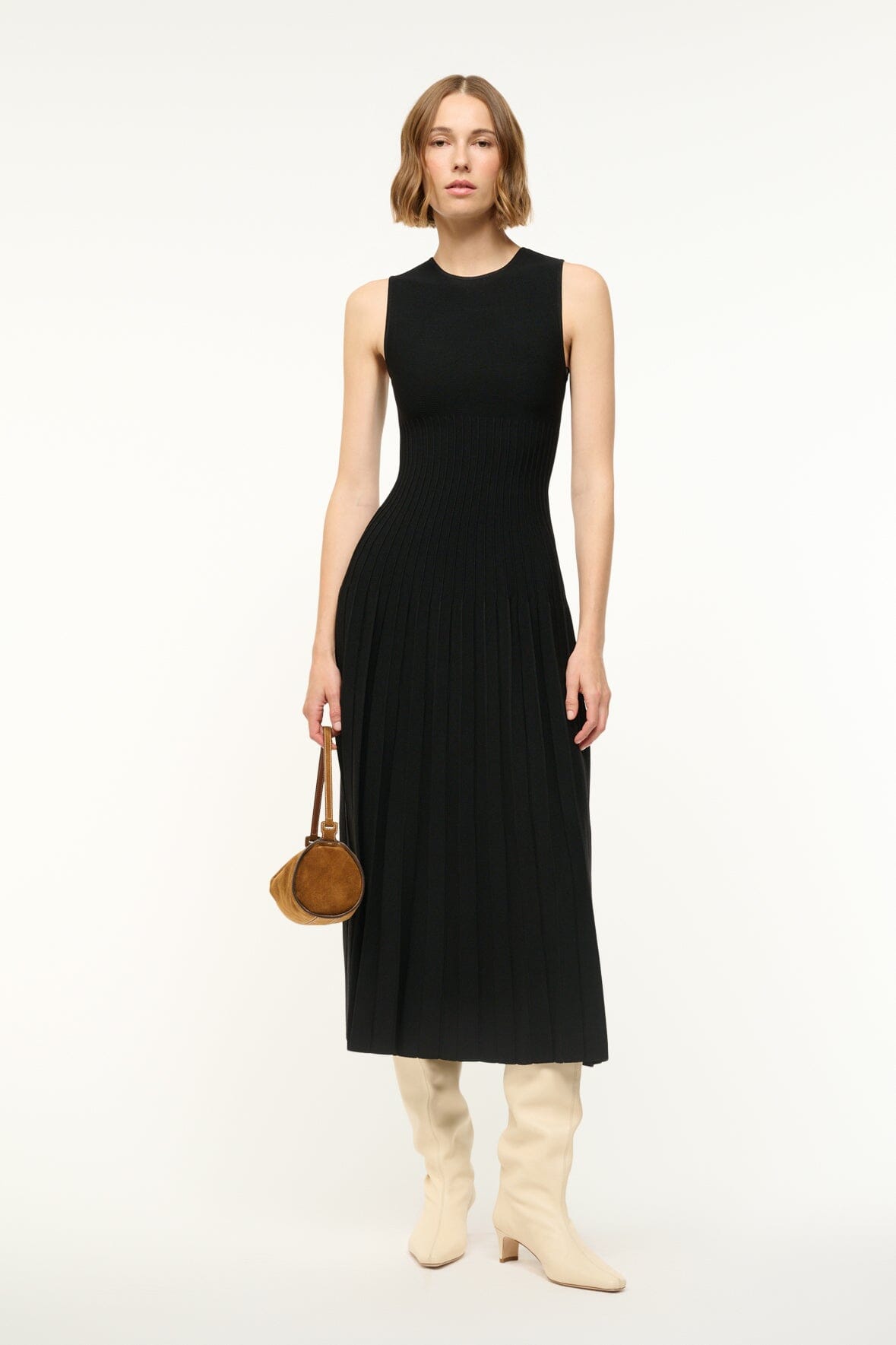 Fitted Crew Neck Dress with Stitch Detailing | Elyse Black