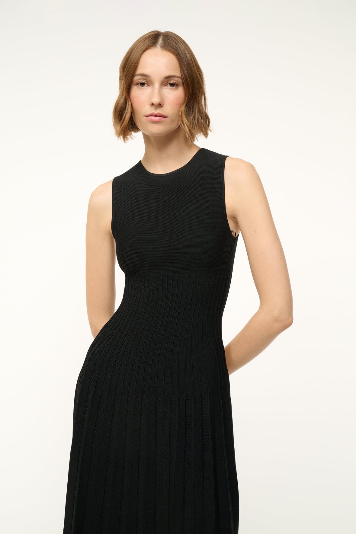 Fitted Crew Neck Dress with Stitch Detailing | Elyse Black