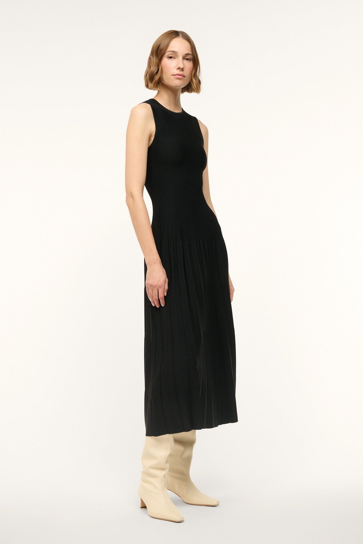 Fitted Crew Neck Dress with Stitch Detailing | Elyse Black