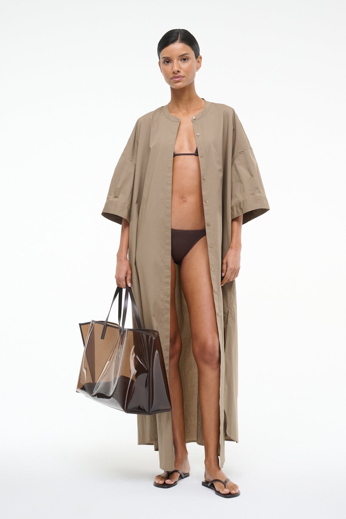 Flowy Cotton Poplin Maxi Dress with 3/4 Sleeves | Enzo Taupe
