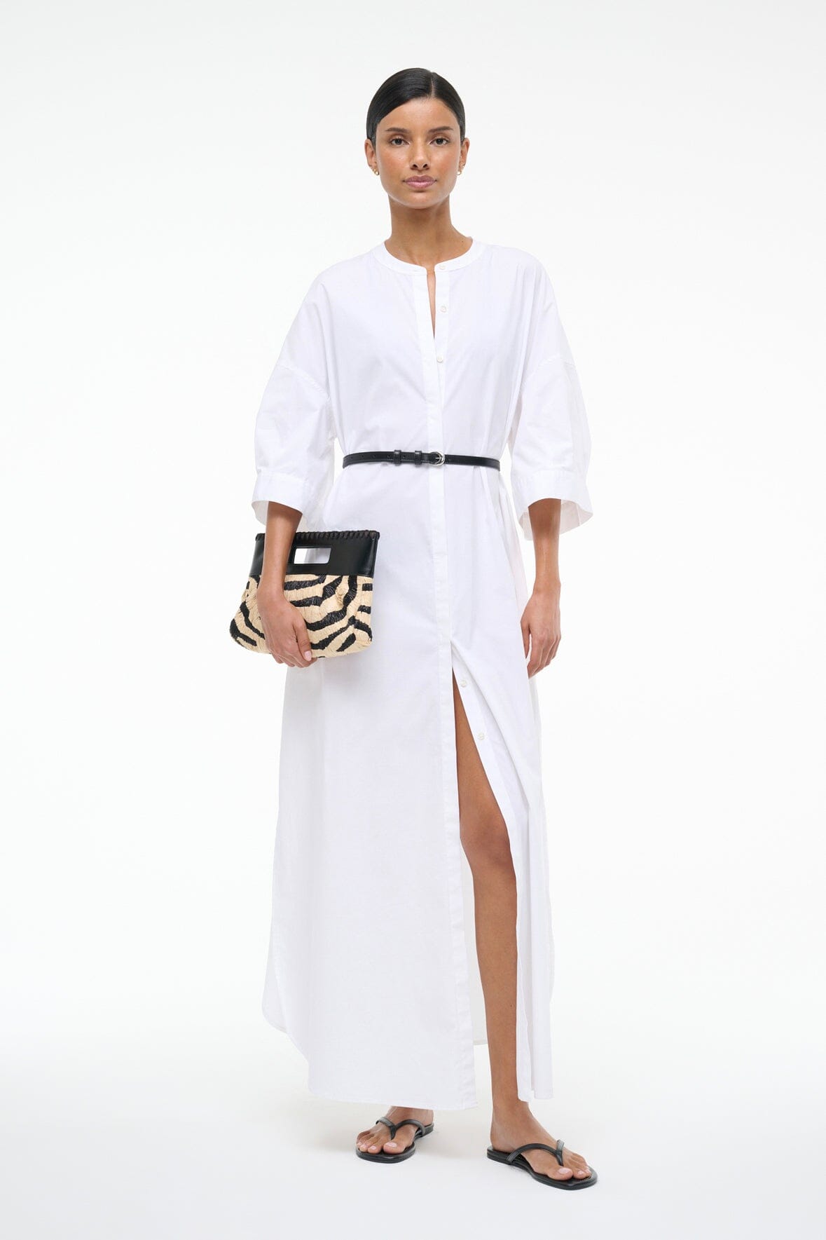 Flowy Cotton Poplin Maxi Dress with 3/4 Sleeves | Enzo White