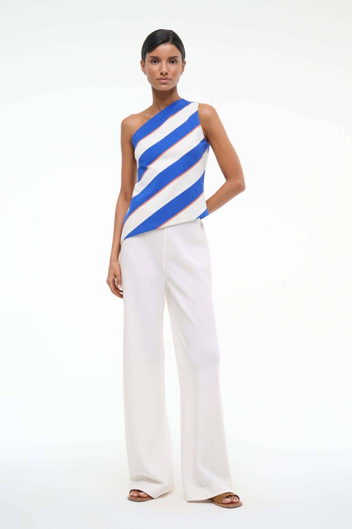 One Shoulder Sleeveless Jersey Top with Asymmetrical Hem | Esme Yacht Rugby Stripe