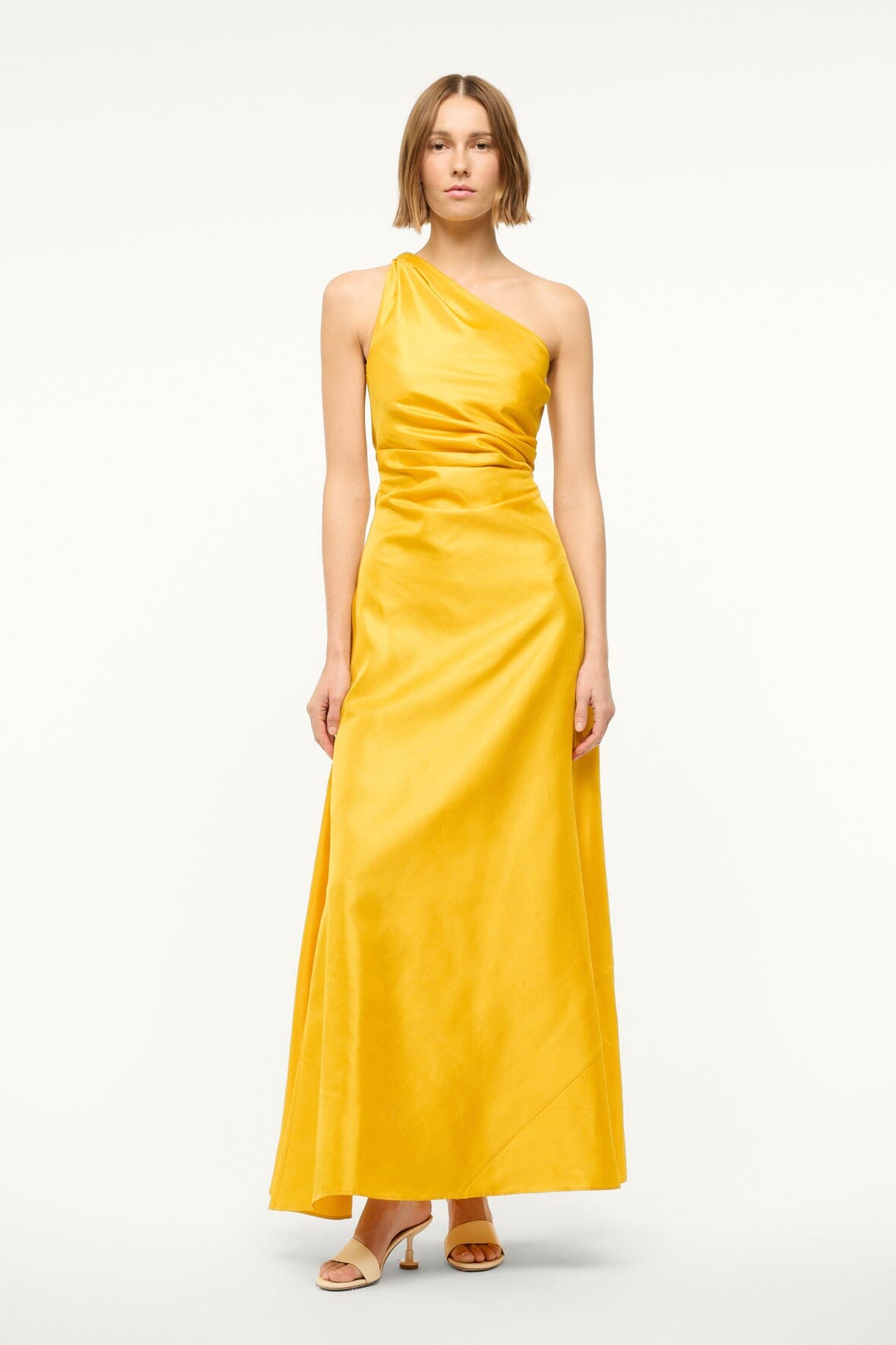 Silk One-Shoulder Maxi Dress with Draped Bodice | Este Sunset Gold