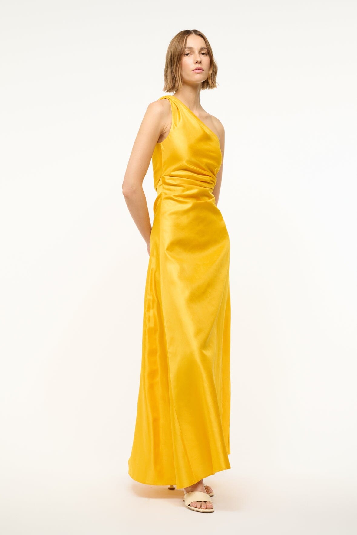 Silk One-Shoulder Maxi Dress with Draped Bodice | Este Sunset Gold